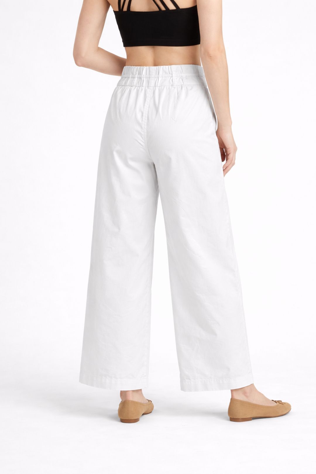 Women White Cotton Poplin Wide Leg Trouser High Waist Drawstring Pants