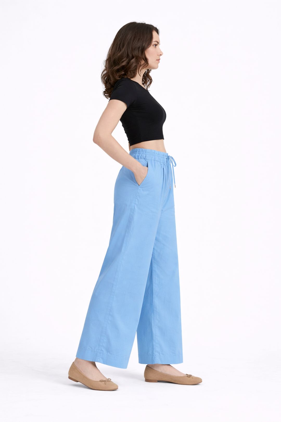 Women Sky Blue Cotton Poplin Wide Leg Trouser High Waist Drawstring Pants