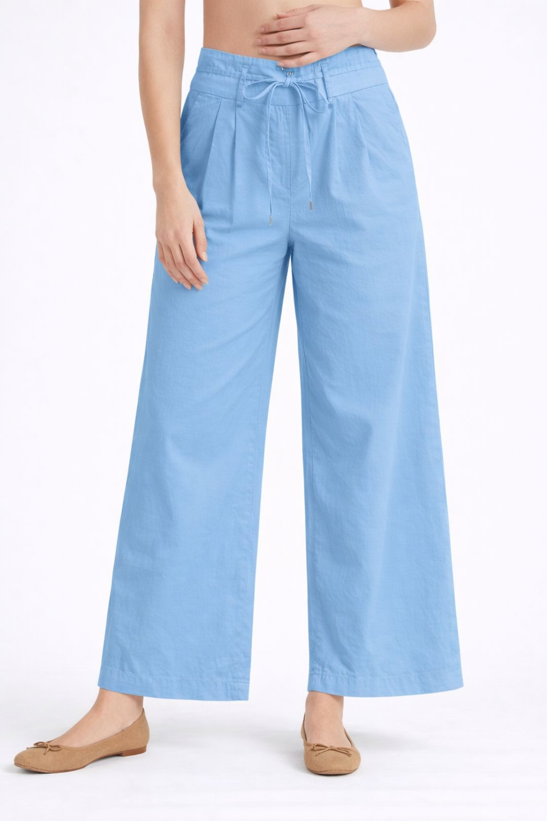 Women Sky Blue Cotton Poplin Wide Leg Trouser High Waist Drawstring Pants