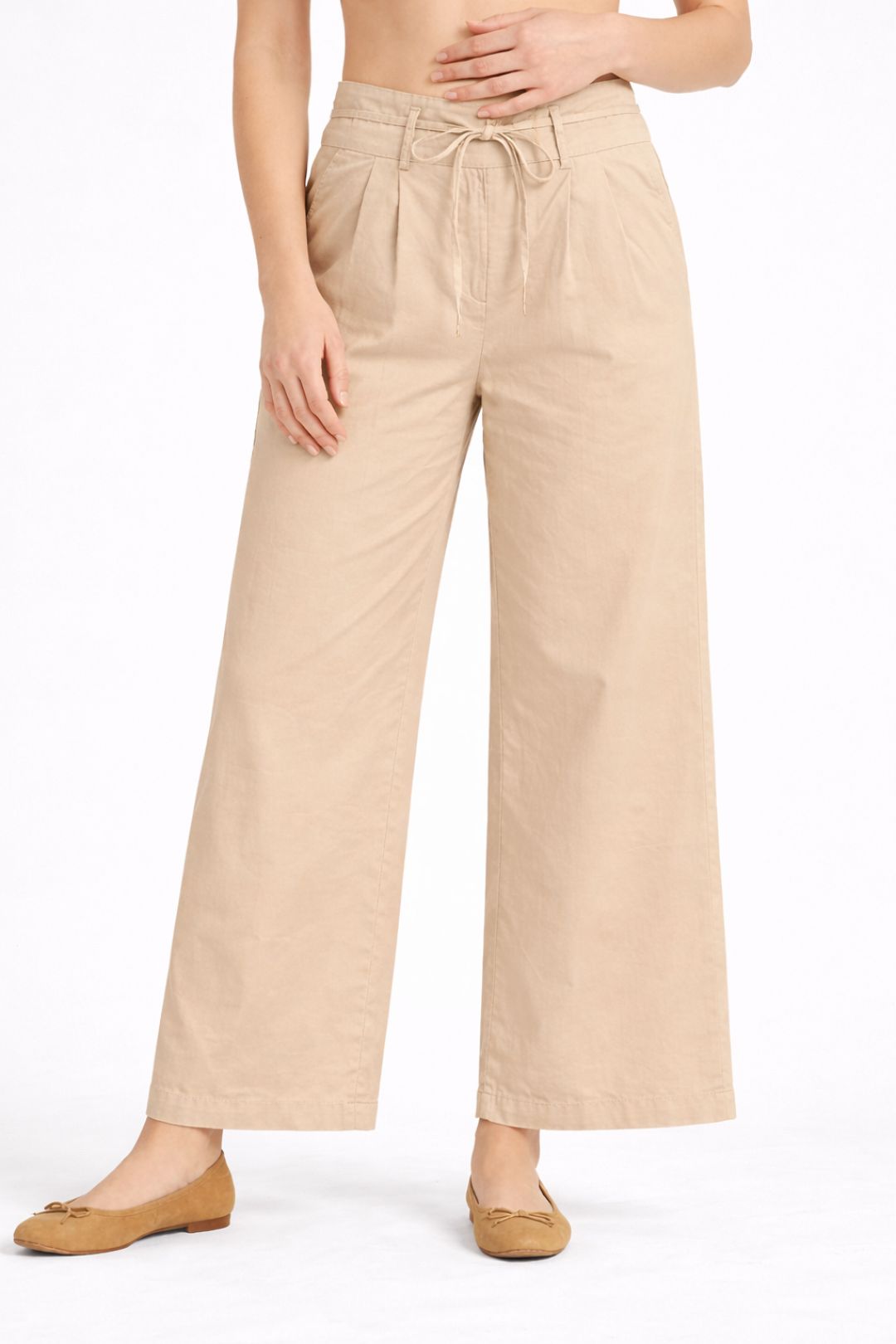Women Beige Cotton Poplin Wide Leg Trouser High Waist Drawstring Pants