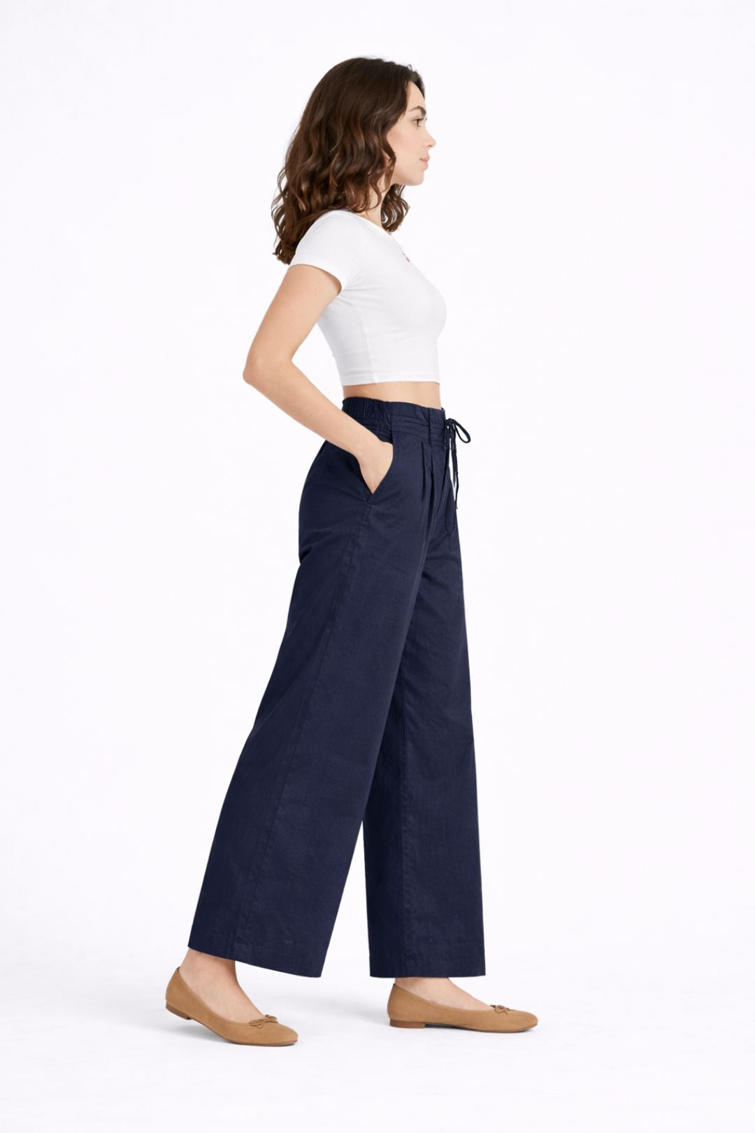 Women Navy Blue Cotton Poplin Wide Leg Trouser | High Waist Drawstring Pants