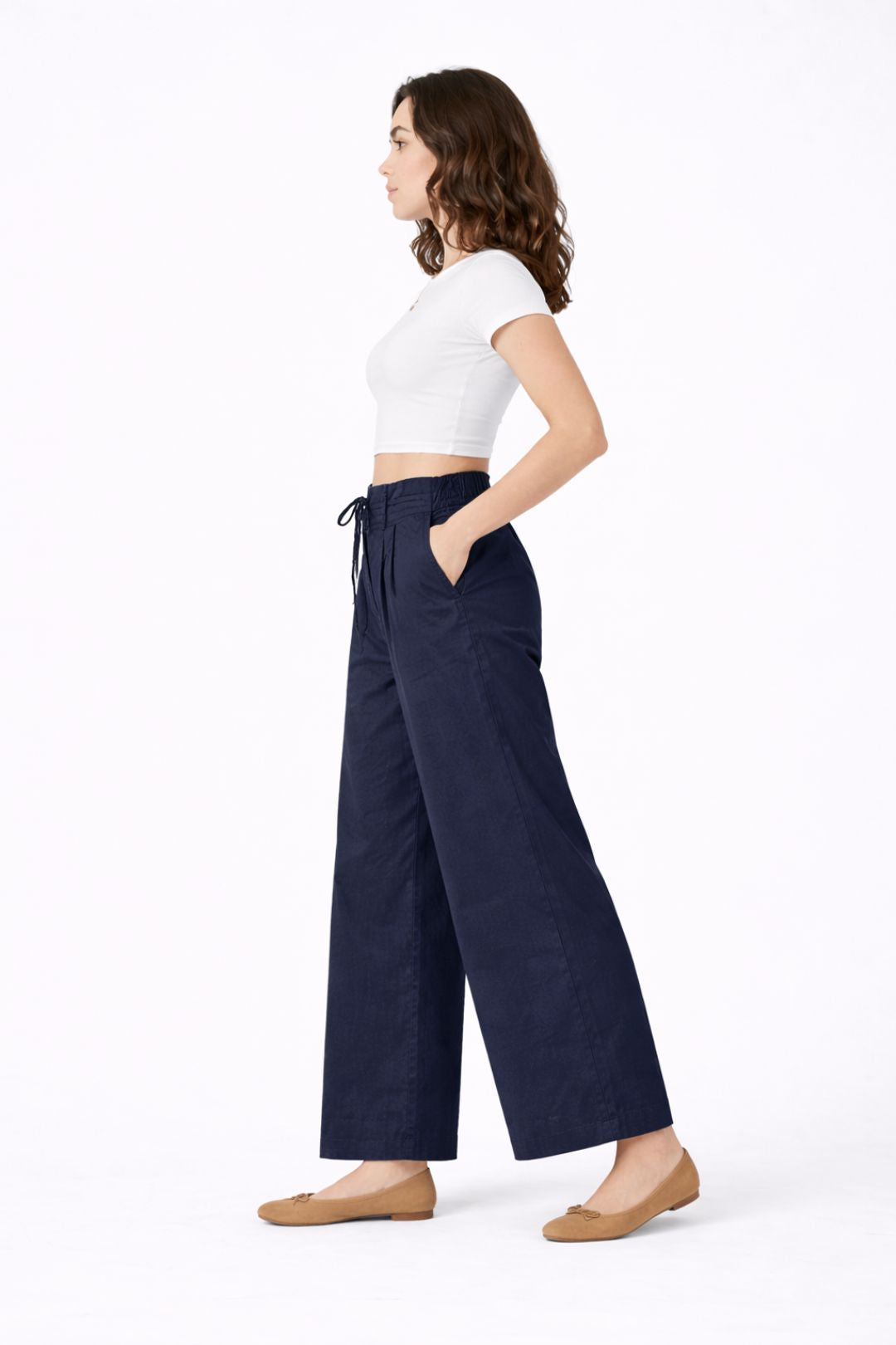 Women Navy Blue Cotton Poplin Wide Leg Trouser | High Waist Drawstring Pants