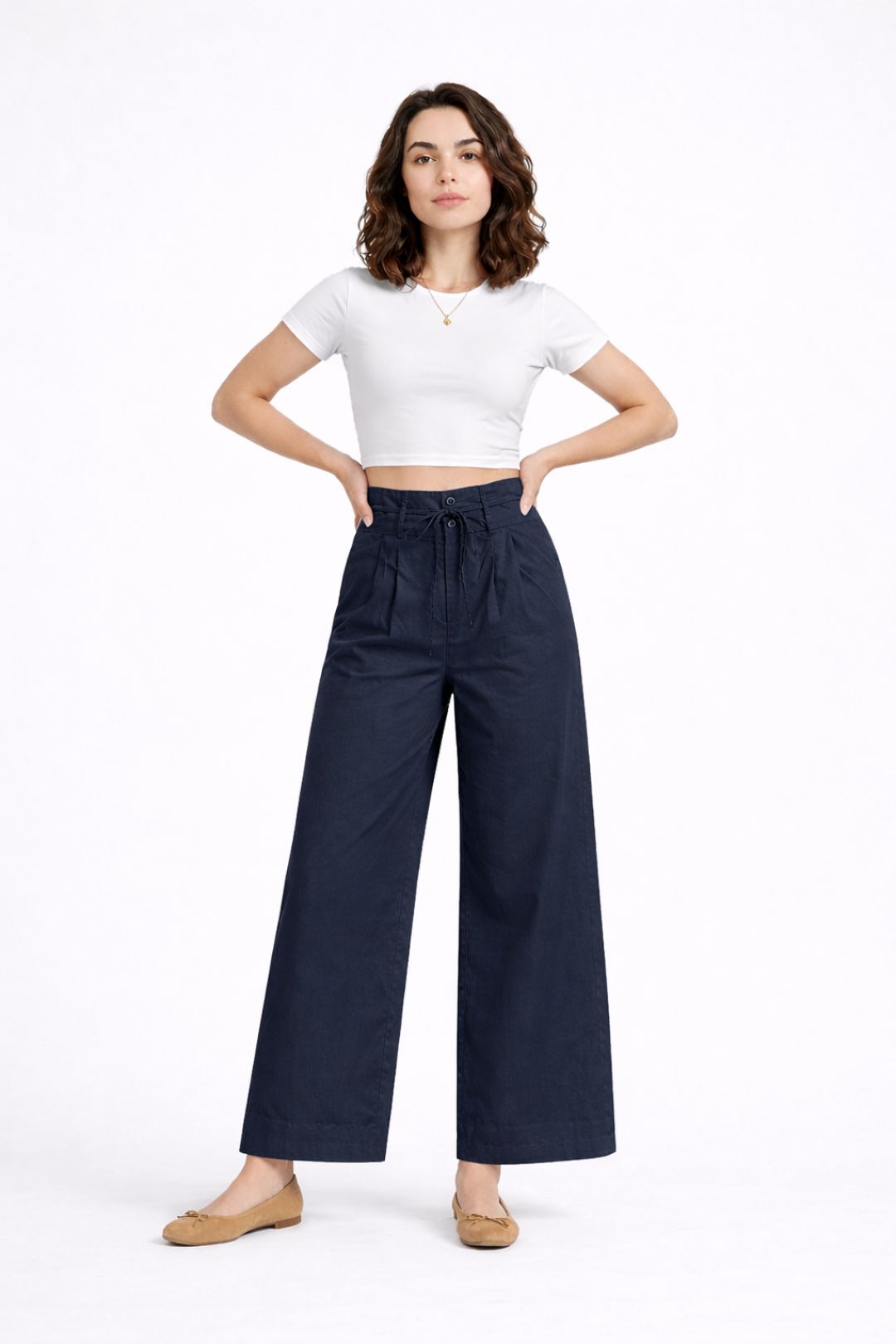 Women Navy Blue Cotton Poplin Wide Leg Trouser | High Waist Drawstring Pants