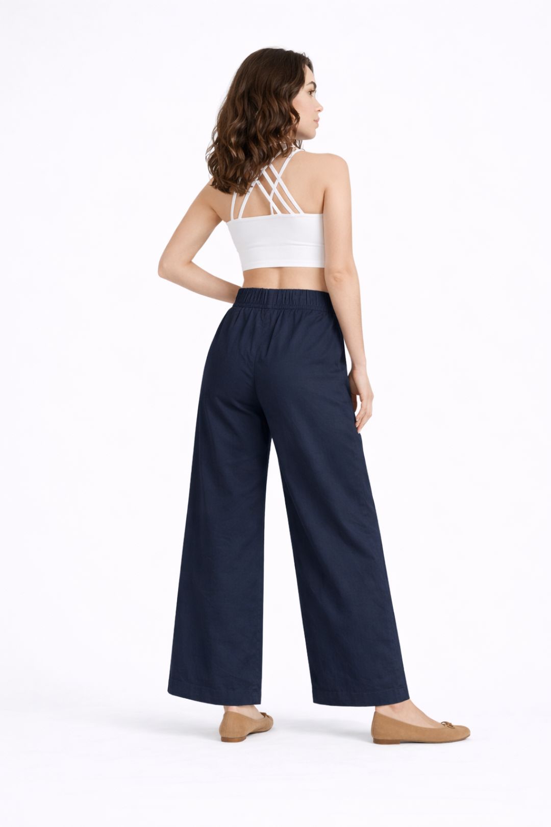 Women Navy Blue Cotton Poplin Wide Leg Trouser | High Waist Drawstring Pants