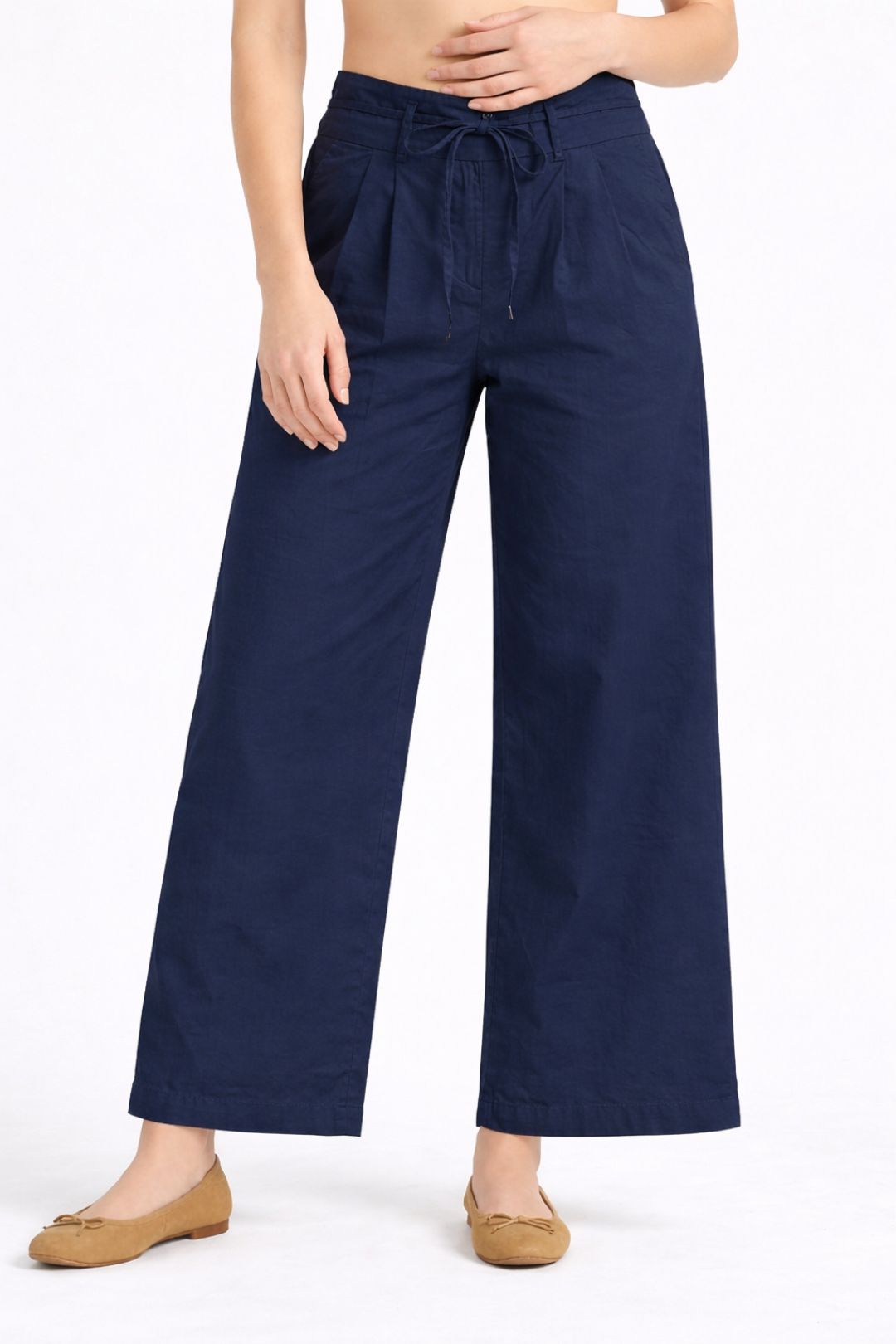 Women Navy Blue Cotton Poplin Wide Leg Trouser | High Waist Drawstring Pants
