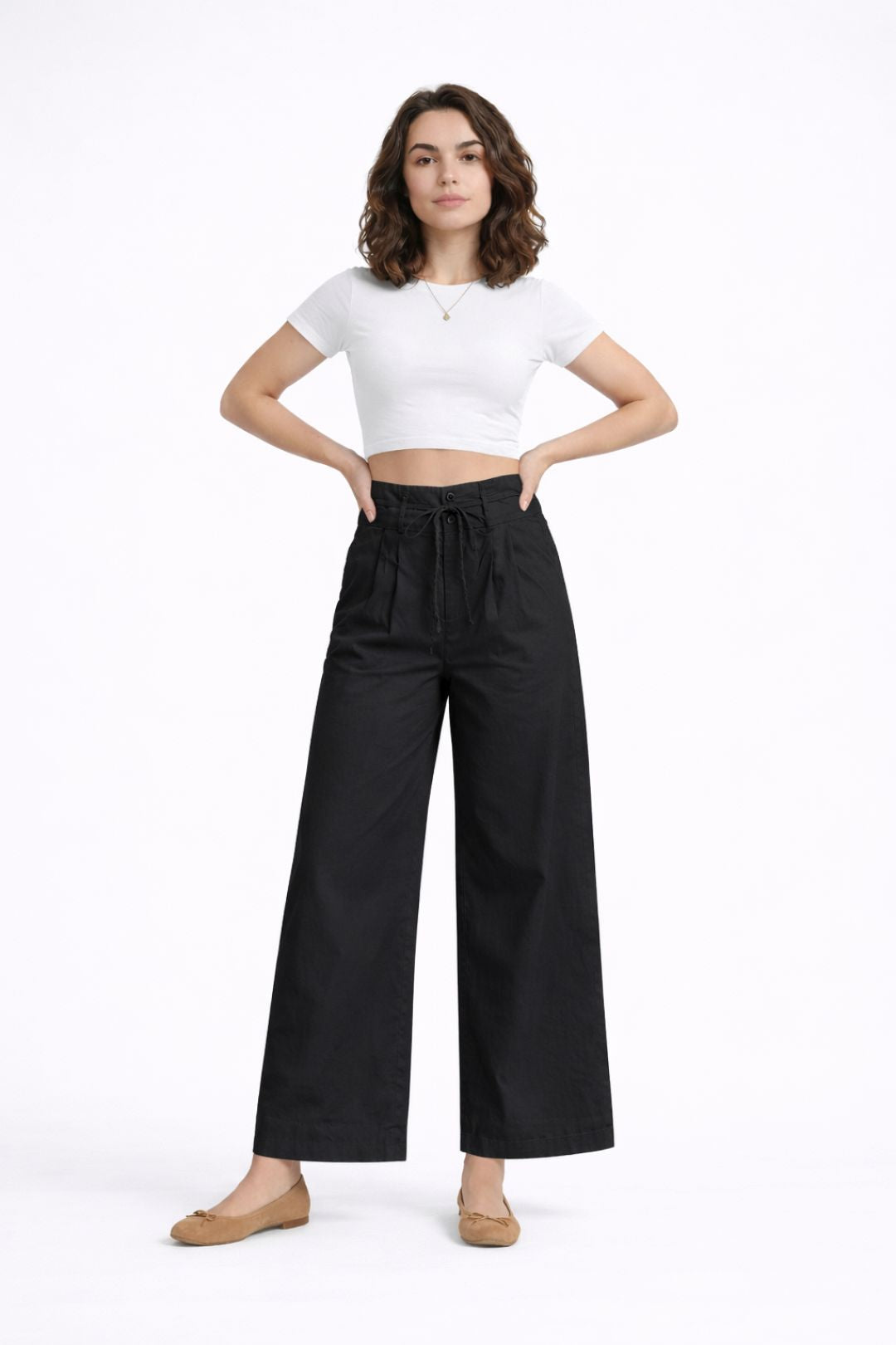 Women Black Cotton Poplin Wide Leg Trouser High Waist Drawstring Pants
