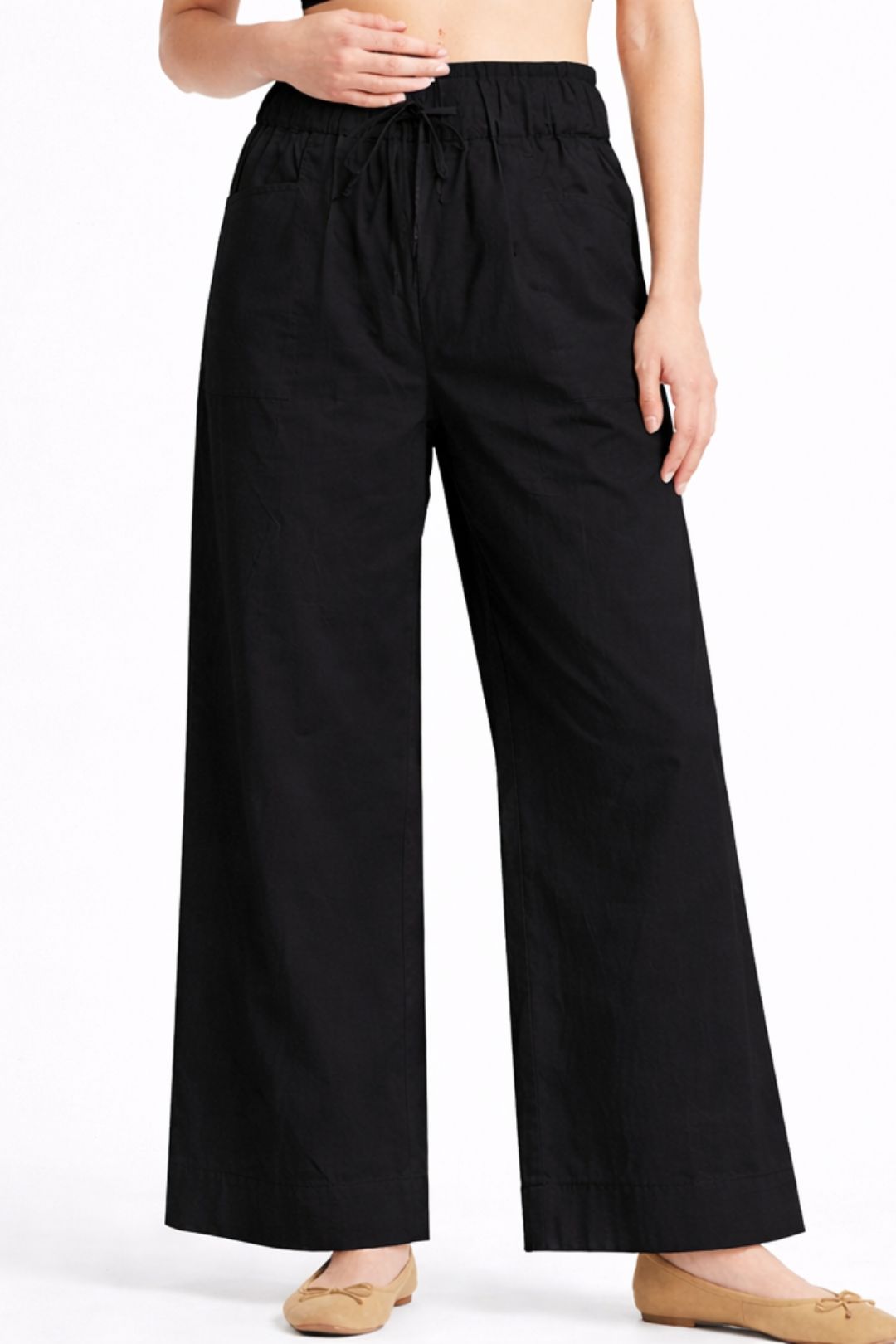 Women Black Cotton Poplin Wide Leg Trouser High Waist Drawstring Pants