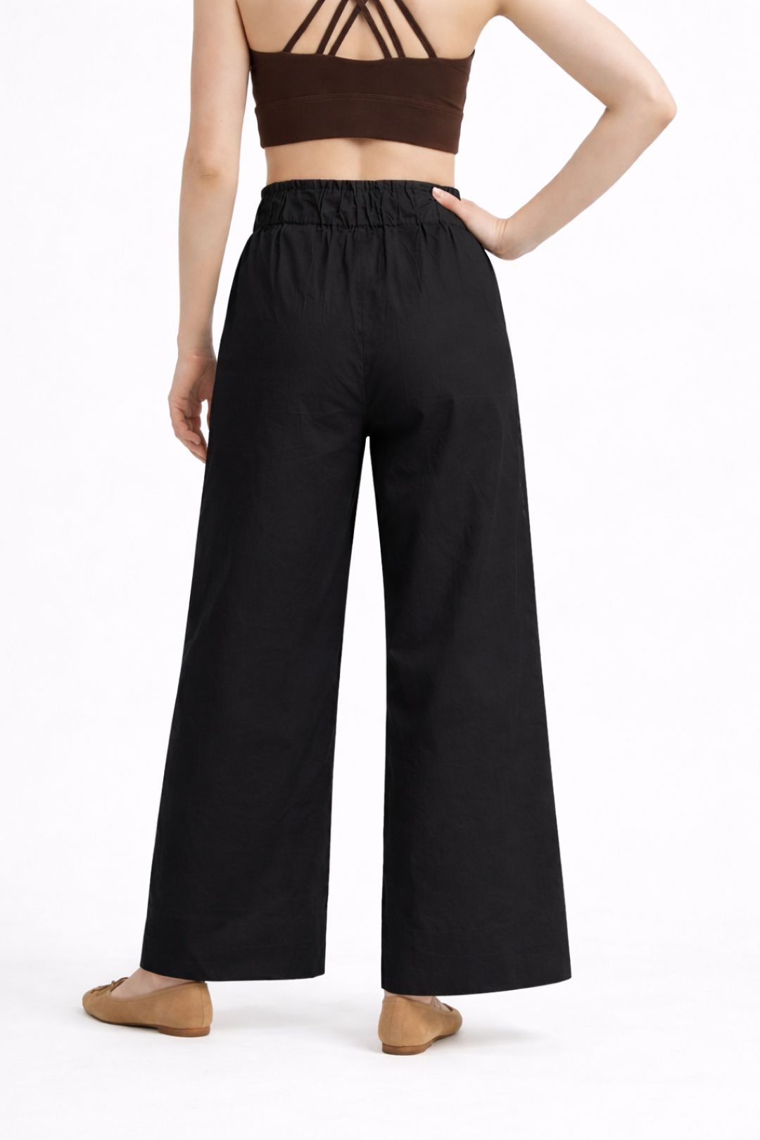 Women Black Cotton Poplin Wide Leg Trouser High Waist Drawstring Pants