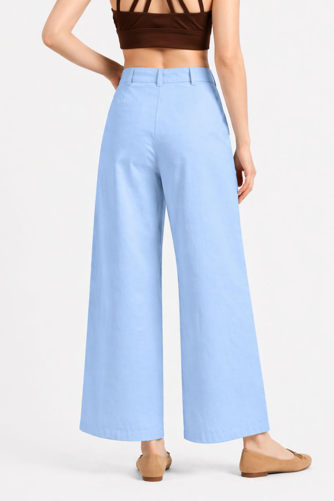 Women Light Sky Blue Cotton Poplin Wide Leg Trouser High Waist Straight Fit Pants