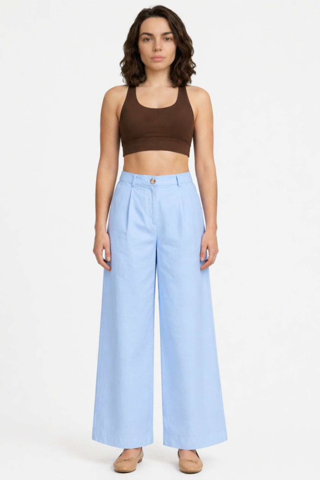 Women Light Sky Blue Cotton Poplin Wide Leg Trouser High Waist Straight Fit Pants