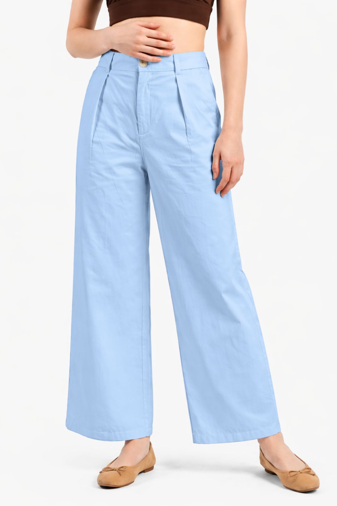 Women Light Sky Blue Cotton Poplin Wide Leg Trouser High Waist Straight Fit Pants