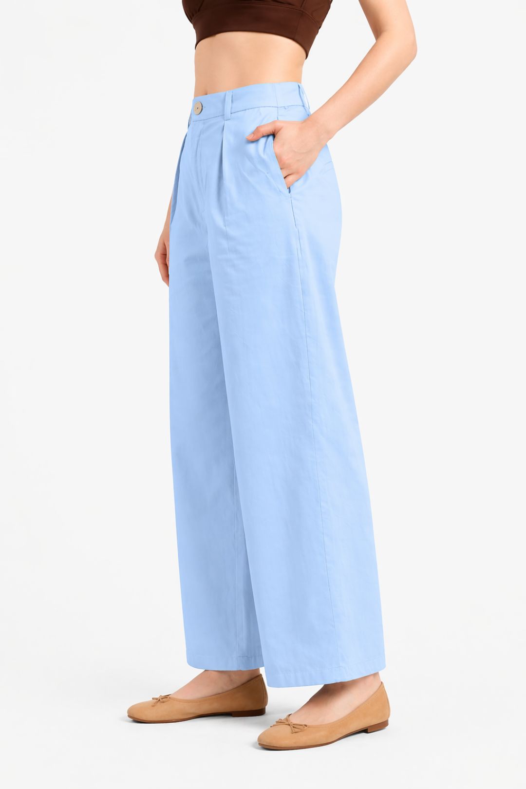 Women Light Sky Blue Cotton Poplin Wide Leg Trouser High Waist Straight Fit Pants