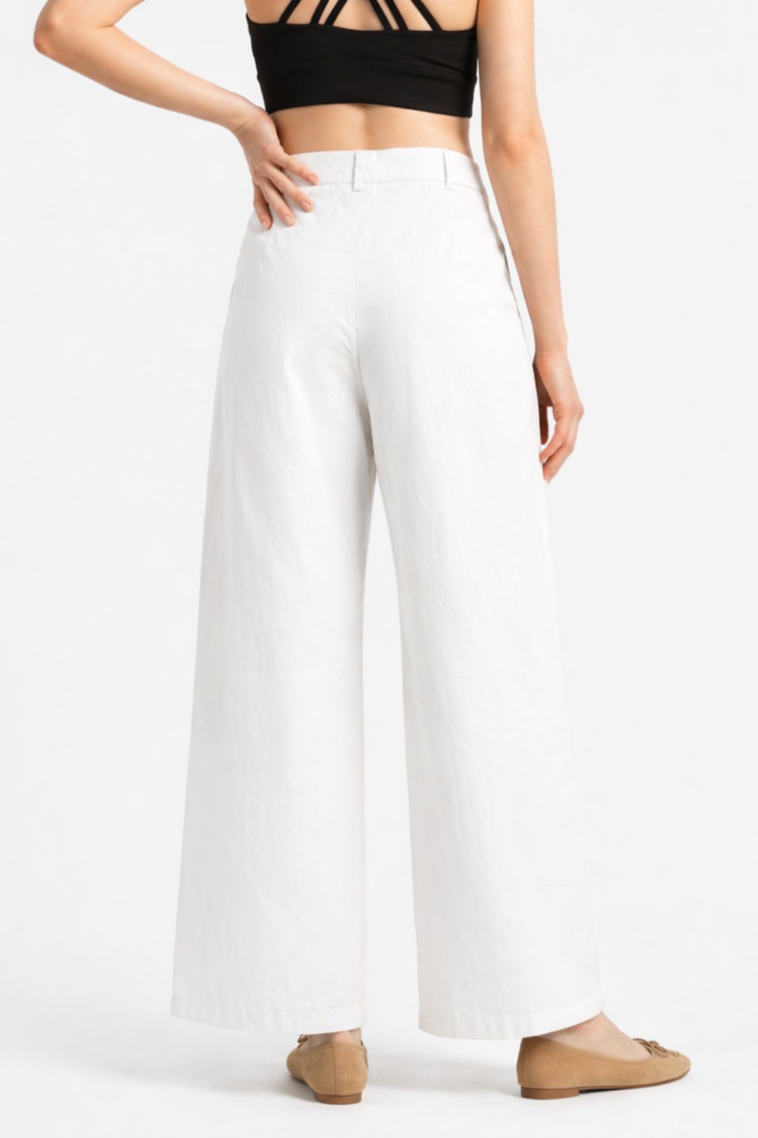 Women White Cotton Poplin Wide Leg Trouser High Waist Straight Fit Pants