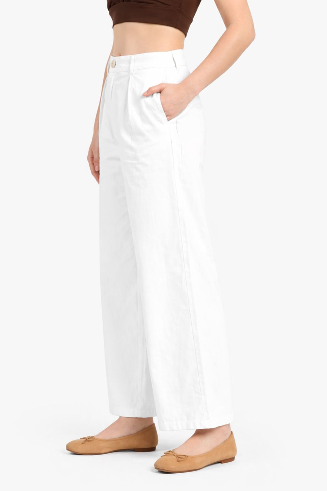 Women White Cotton Poplin Wide Leg Trouser High Waist Straight Fit Pants