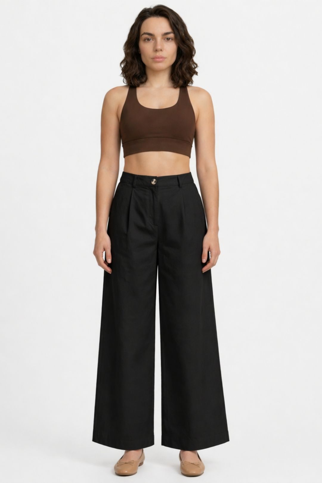Women Black Cotton Poplin Wide Leg Trouser High Waist Straight Fit Pants
