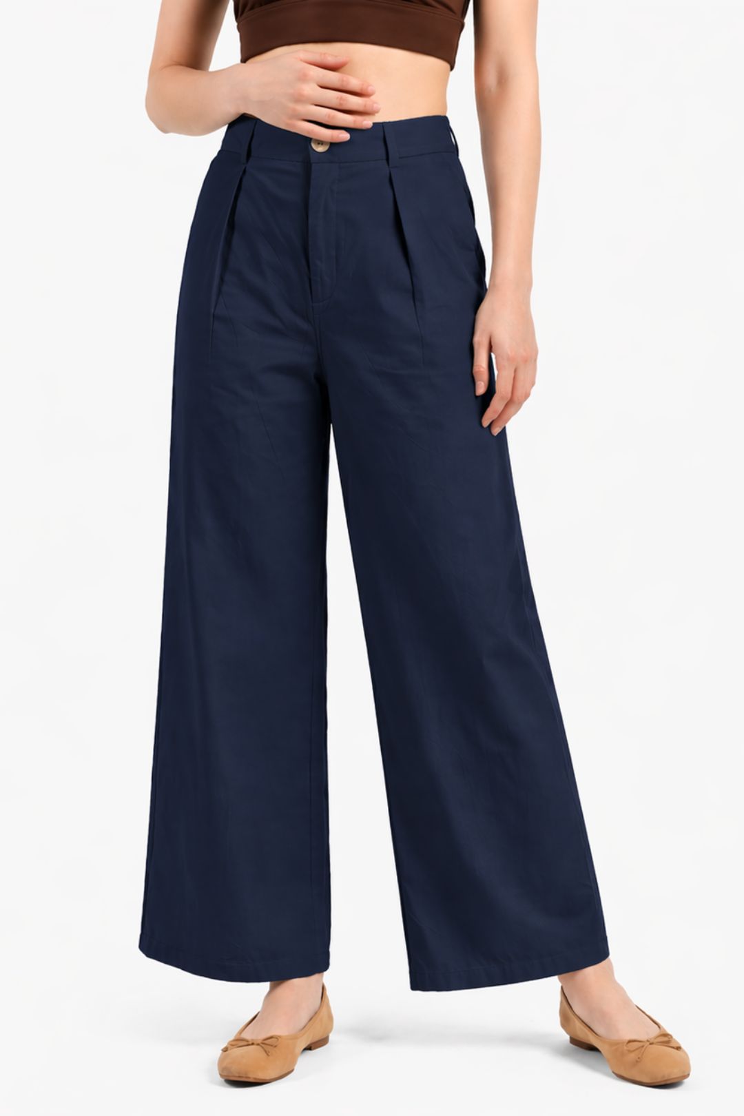 Women Navy Blue Cotton Poplin Wide Leg Trouser High Waist Straight Fit Pants