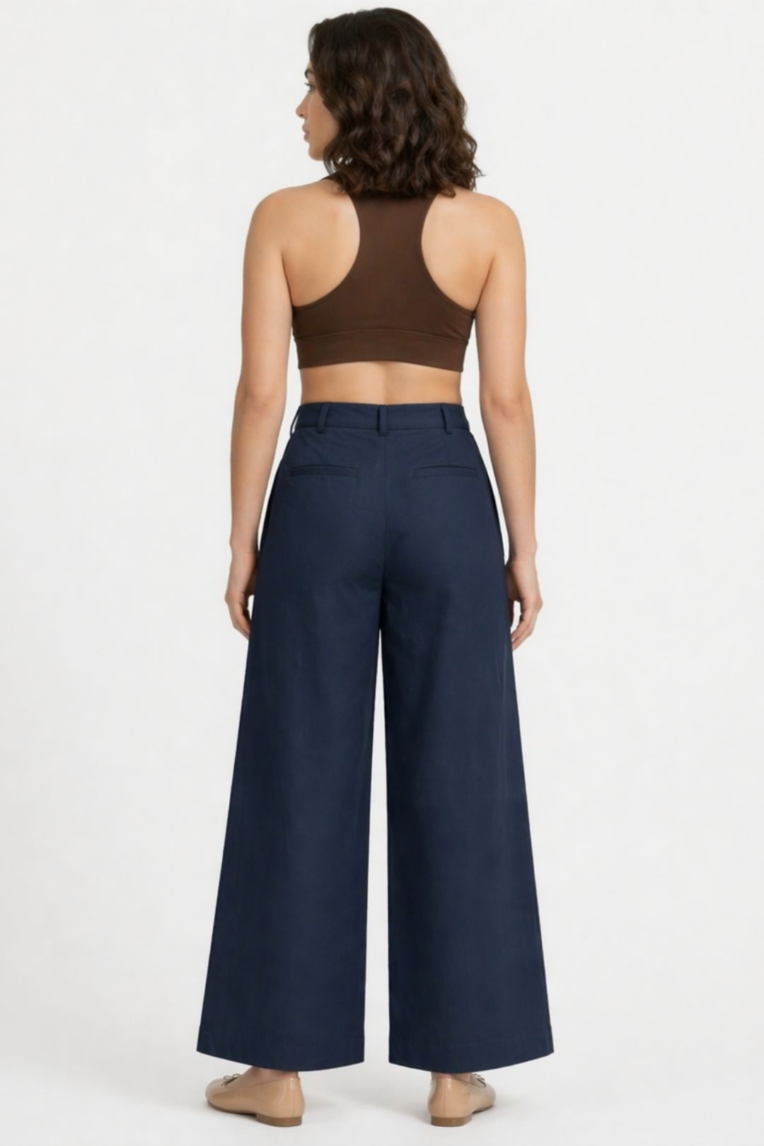 Women Navy Blue Cotton Poplin Wide Leg Trouser High Waist Straight Fit Pants