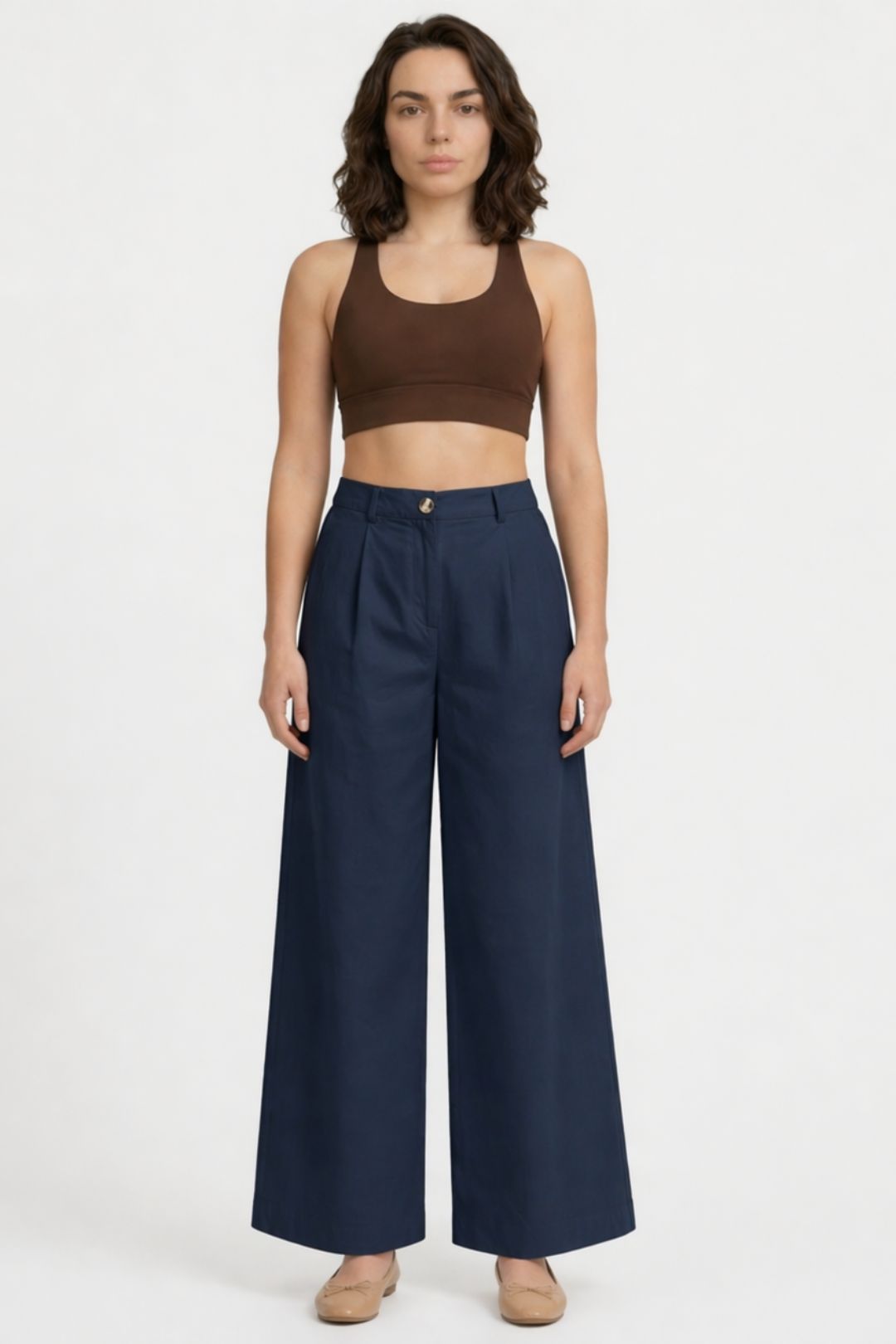 Women Navy Blue Cotton Poplin Wide Leg Trouser High Waist Straight Fit Pants