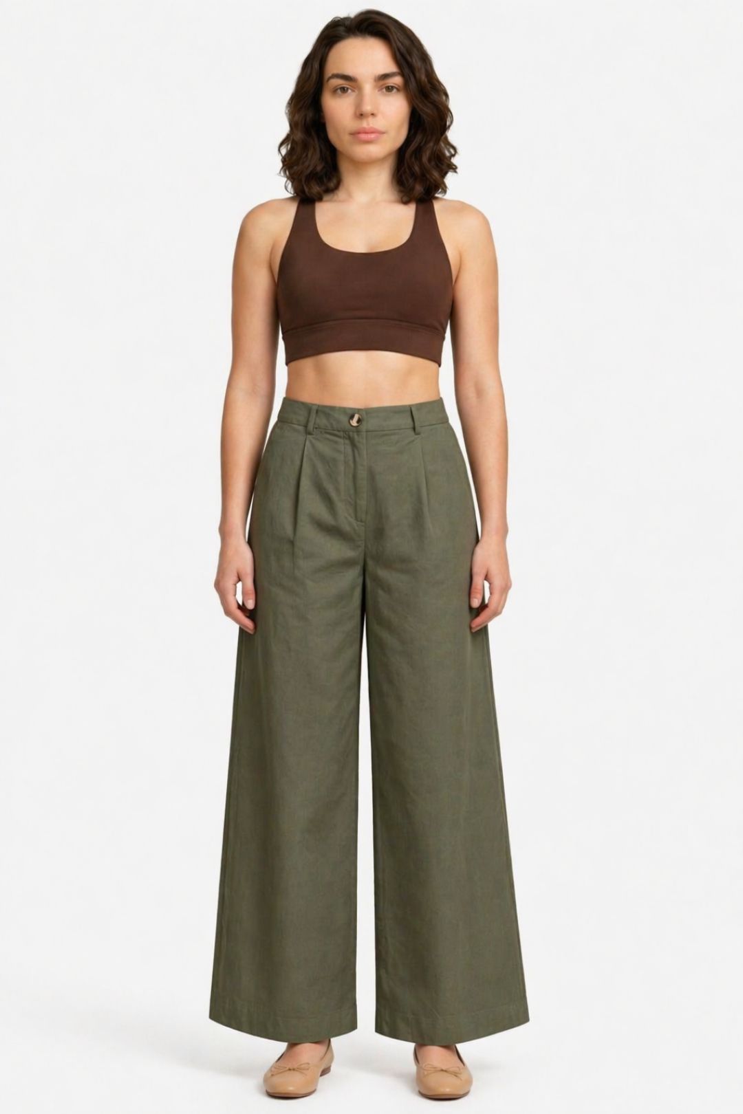 Women Olive Green Cotton Poplin Wide Leg Trouser High Waist Straight Fit Pants