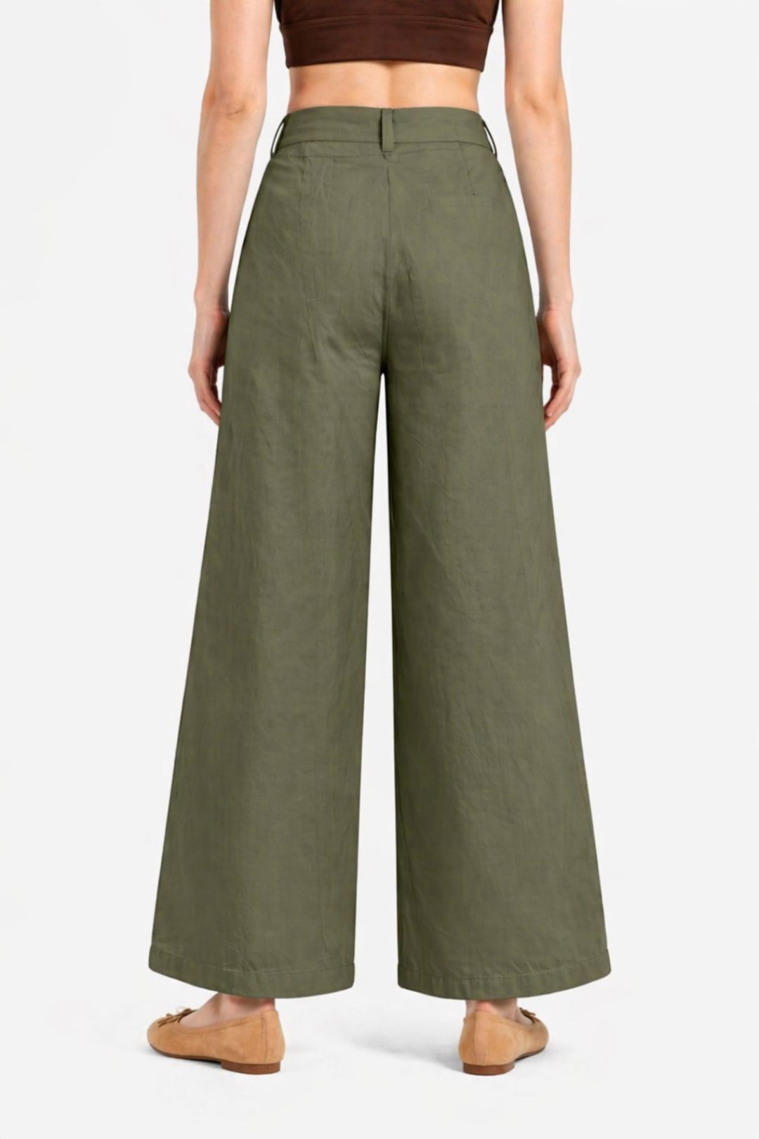 Women Olive Green Cotton Poplin Wide Leg Trouser High Waist Straight Fit Pants