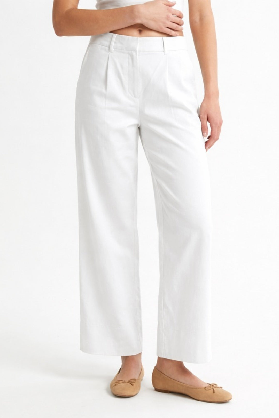 Women White Cotton Poplin Wide Leg Trouser High Waist Straight Fit Pants