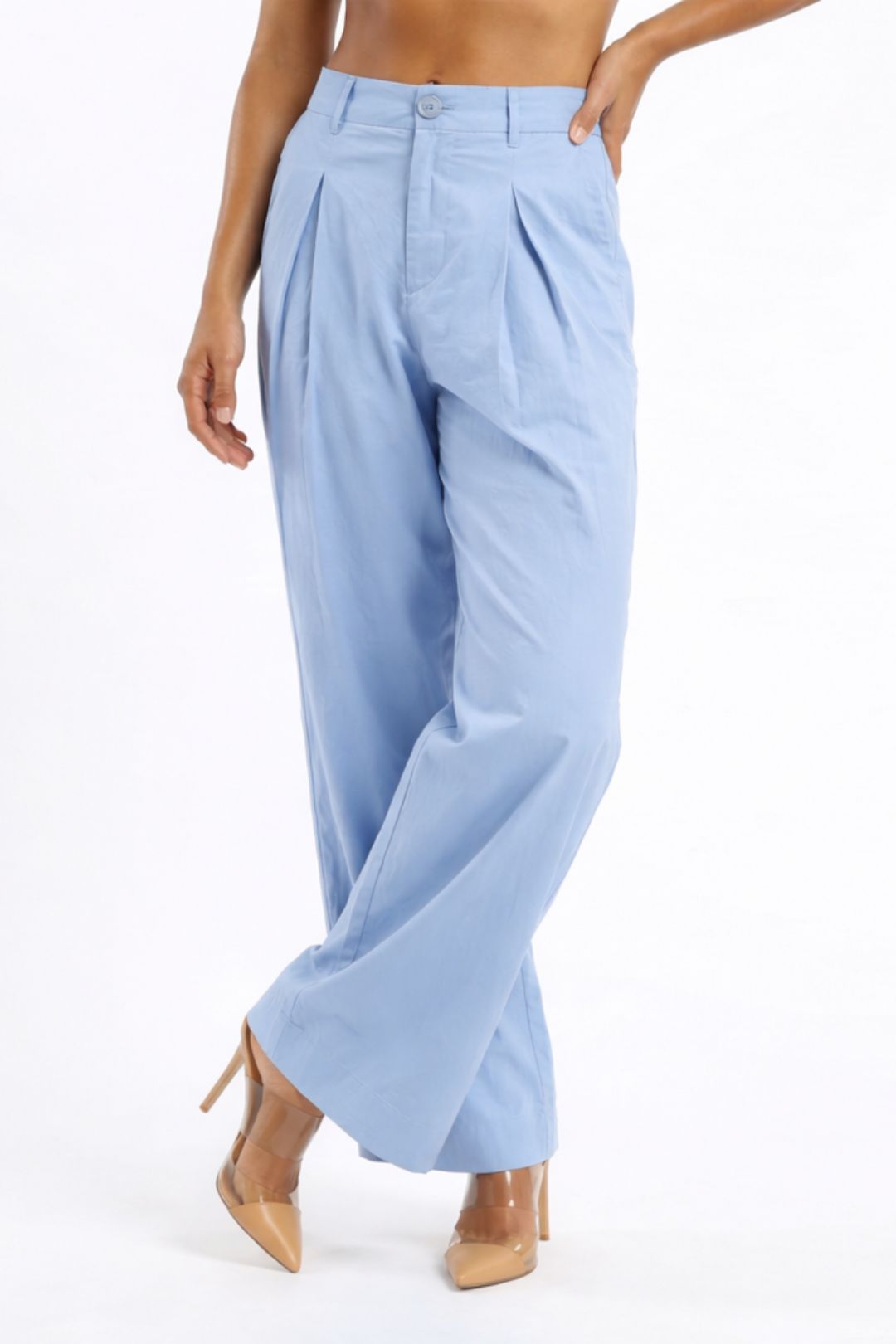 Women Sky Blue Cotton Poplin Wide Leg Trouser High Waist Straight Fit Pants