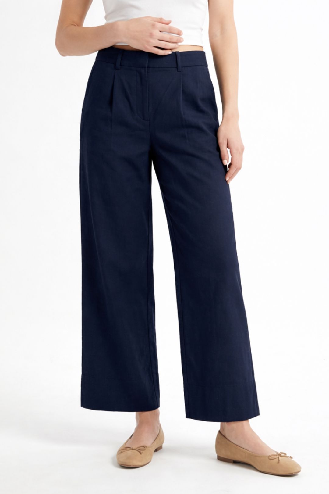 Women Navy Blue Cotton Poplin Wide Leg Trouser High Waist Straight Fit Pants