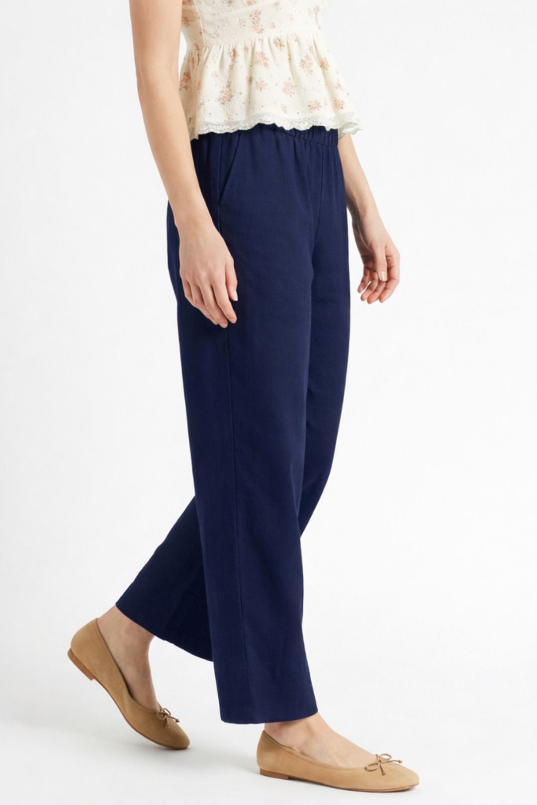 Women Navy Blue Cotton Poplin Wide Leg Trouser High Waist Straight Fit Pants