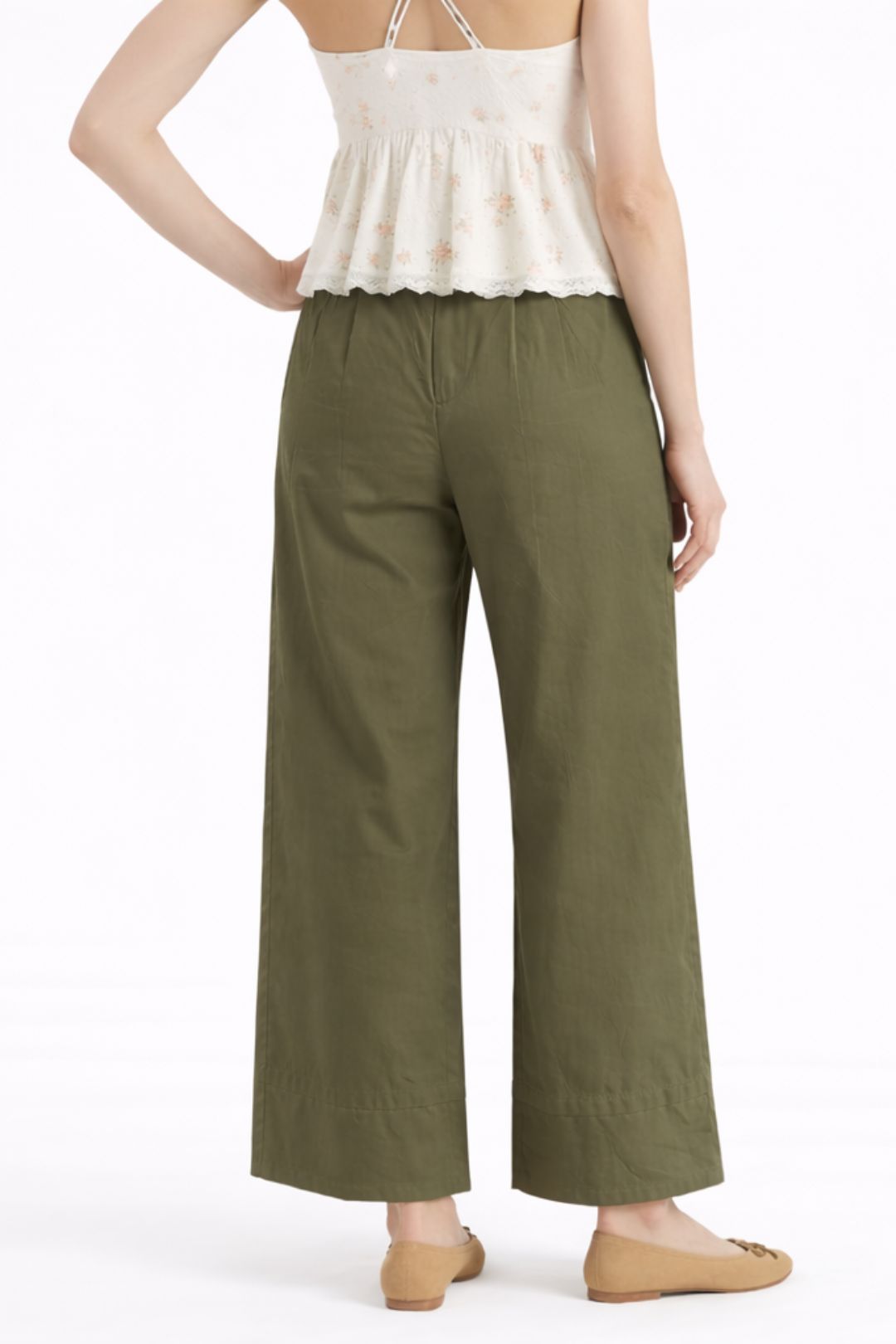 Women Olive Green Cotton Poplin Wide Leg Trouser High Waist Straight Fit Pants