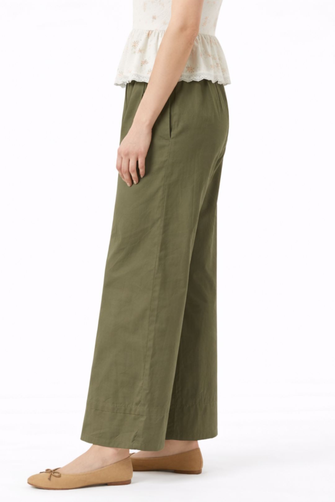 Women Olive Green Cotton Poplin Wide Leg Trouser High Waist Straight Fit Pants