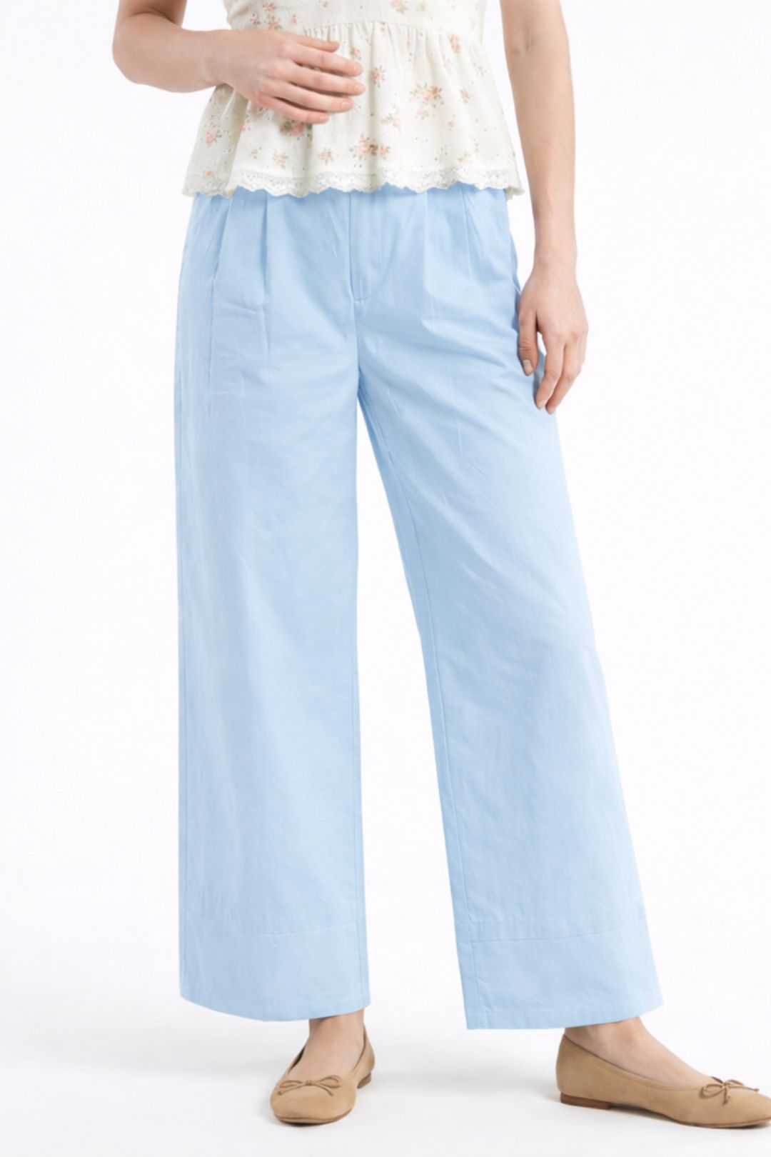 Women Sky Blue Cotton Poplin Wide Leg Trouser High Waist Straight Fit Pants