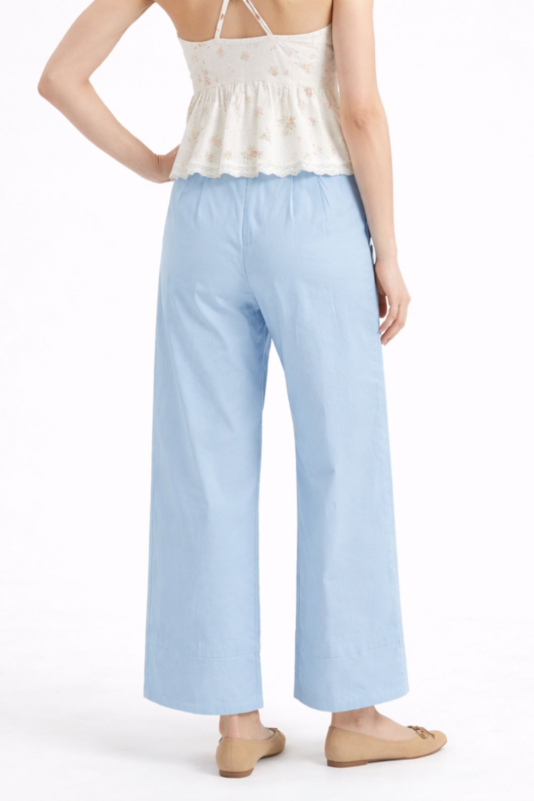 Women Sky Blue Cotton Poplin Wide Leg Trouser High Waist Straight Fit Pants