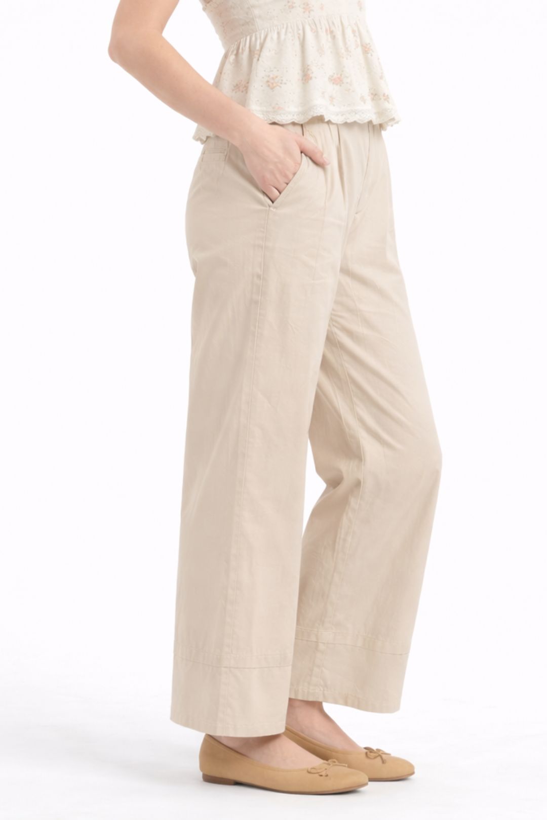 Women Light Beige Cotton Poplin Wide Leg Trouser High Waist Straight Fit Pants