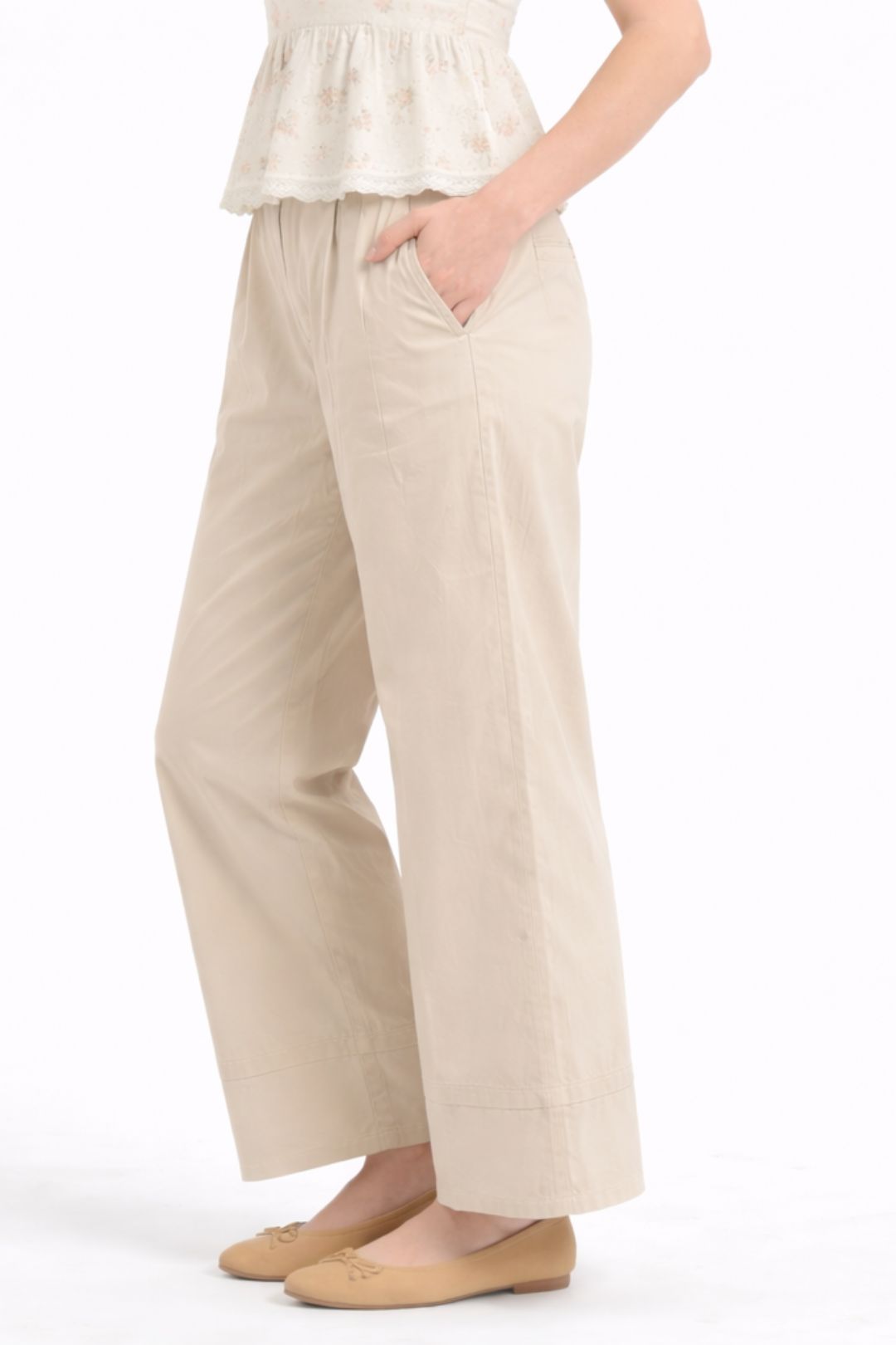 Women Light Beige Cotton Poplin Wide Leg Trouser High Waist Straight Fit Pants