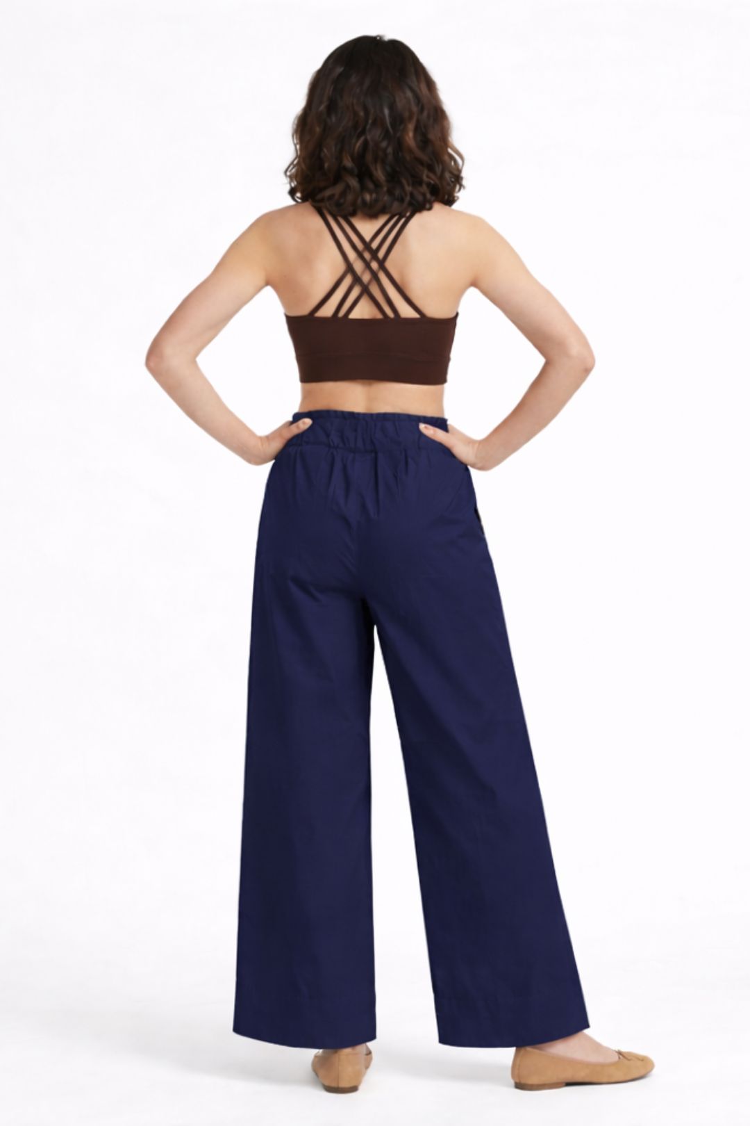 Women Navy Blue Cotton Poplin Wide Leg Trouser Elastic Waist Drawstring Pants