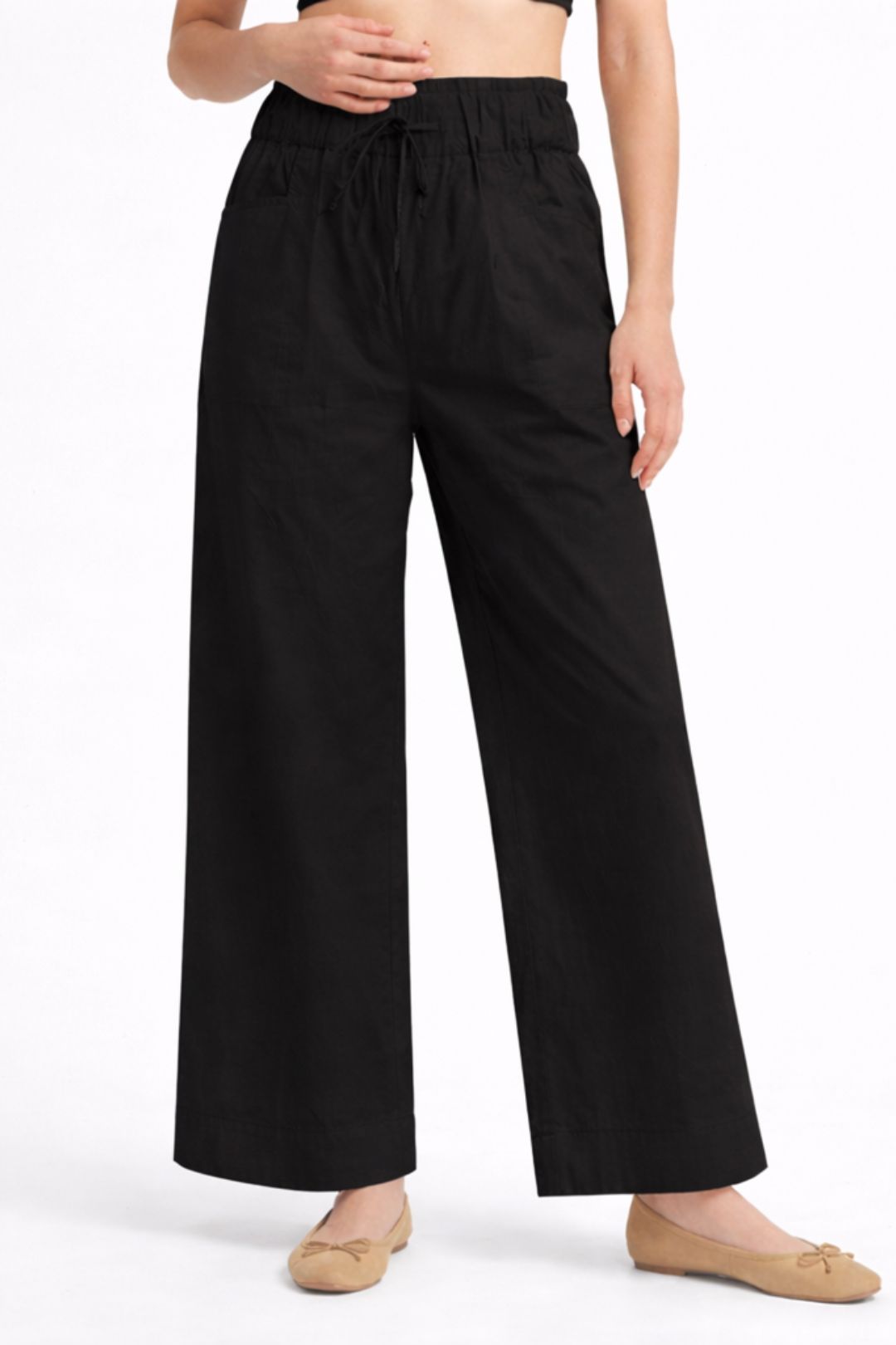Women Black Cotton Poplin Wide Leg Trouser Elastic Waist Drawstring Pants