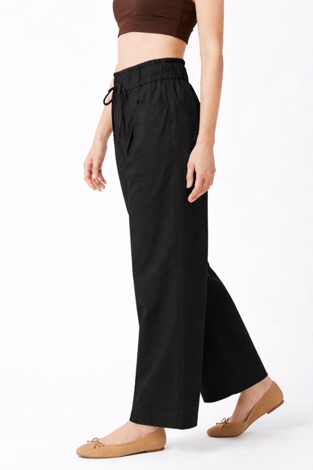 Women Black Cotton Poplin Wide Leg Trouser Elastic Waist Drawstring Pants