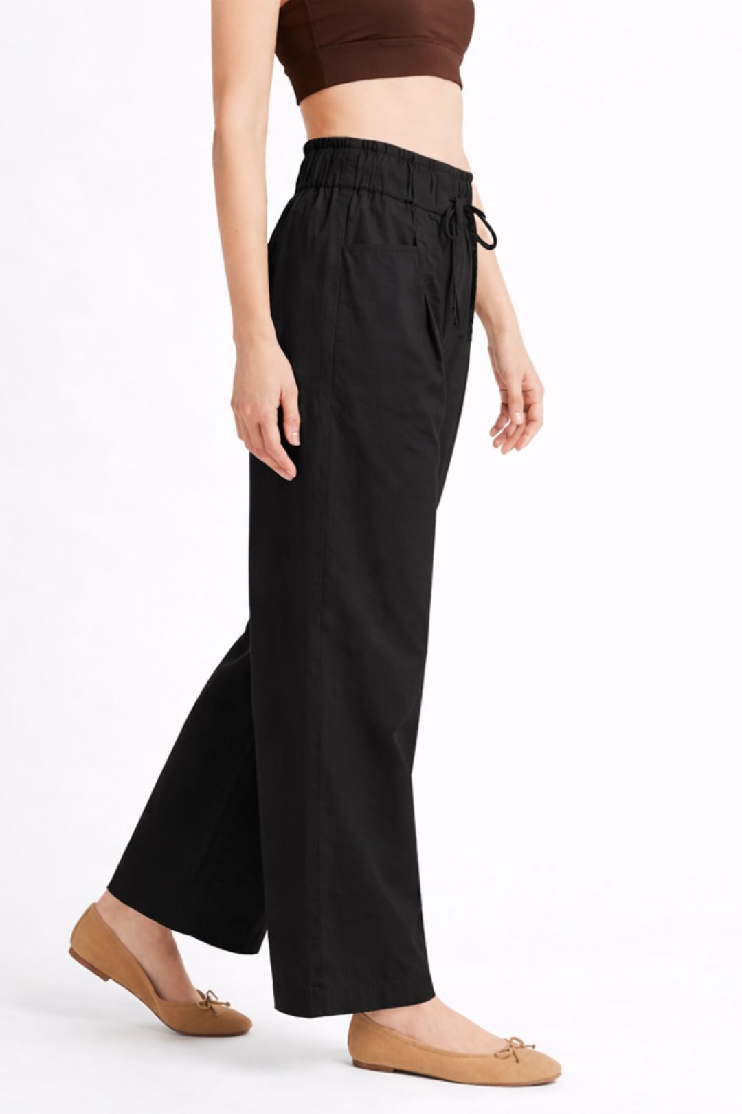 Women Black Cotton Poplin Wide Leg Trouser Elastic Waist Drawstring Pants