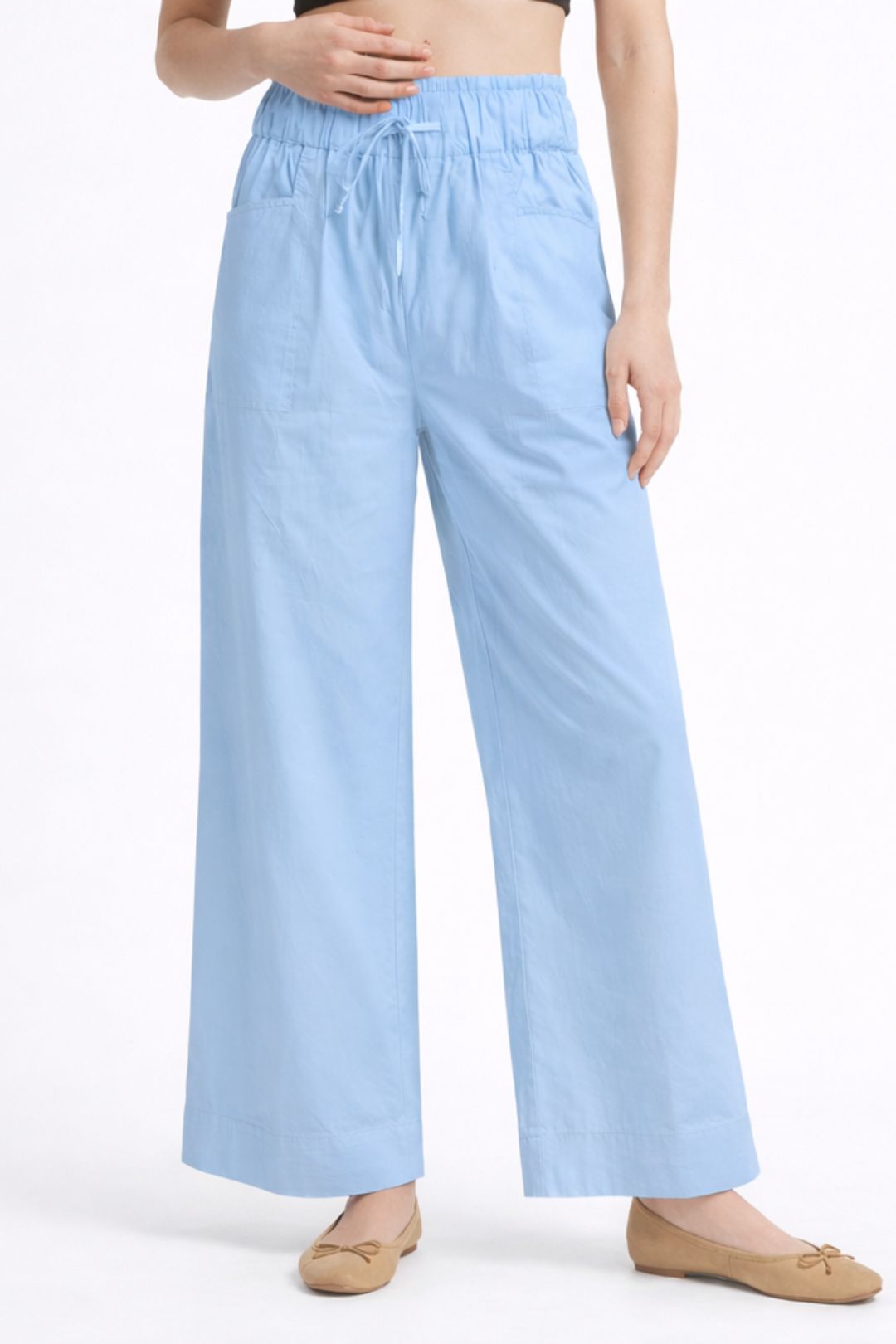 Women Light Sky Blue Cotton Poplin Wide Leg Trouser Elastic Waist Drawstring Pants