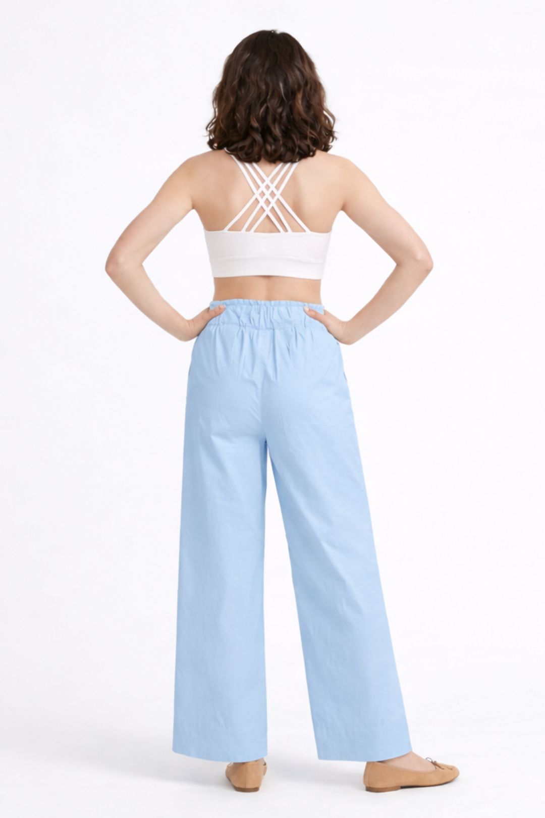 Women Light Sky Blue Cotton Poplin Wide Leg Trouser Elastic Waist Drawstring Pants