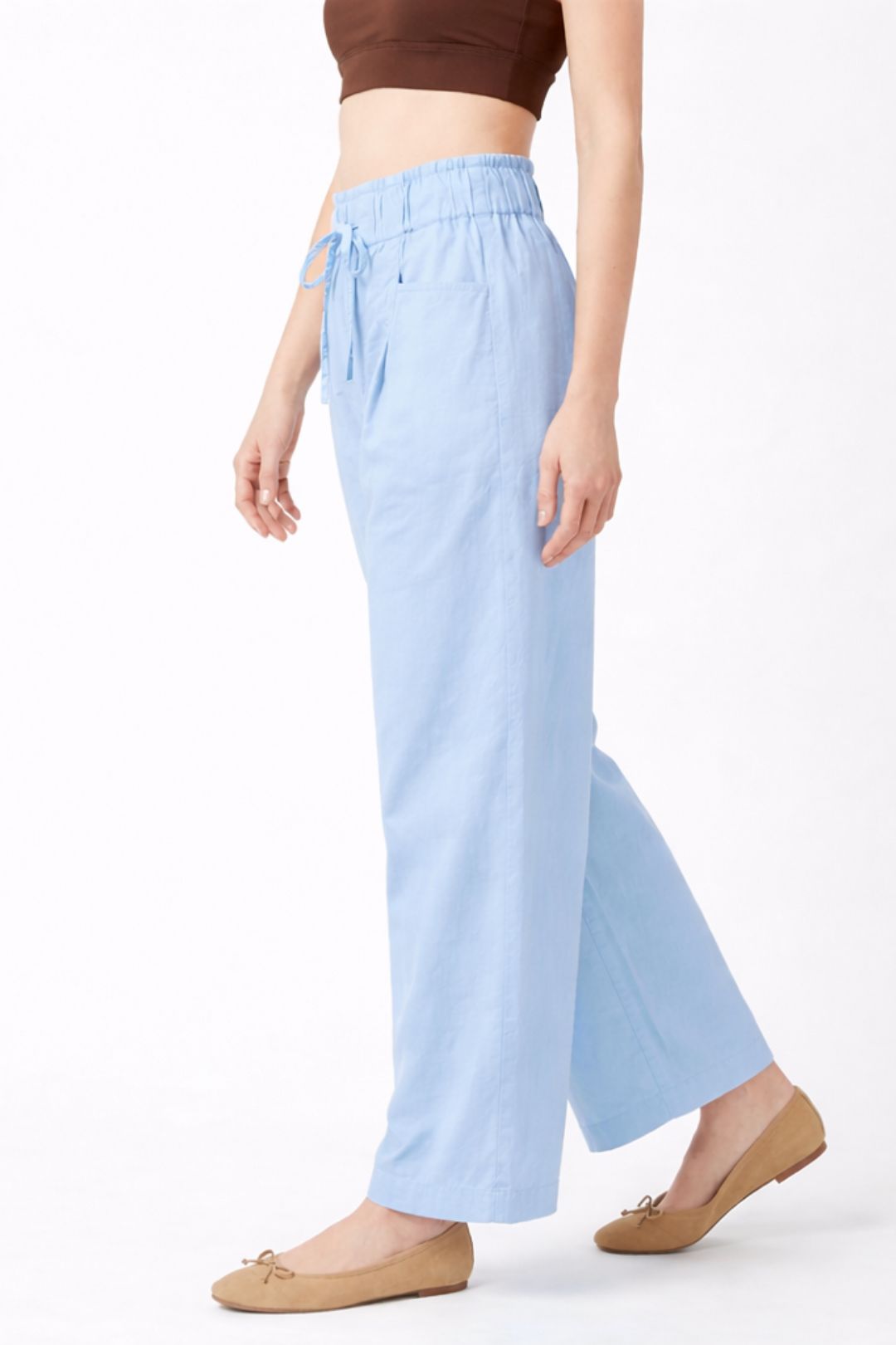 Women Light Sky Blue Cotton Poplin Wide Leg Trouser Elastic Waist Drawstring Pants