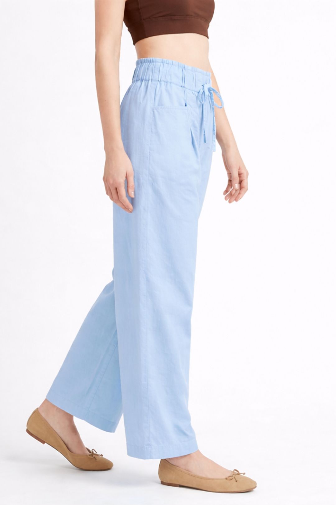 Women Light Sky Blue Cotton Poplin Wide Leg Trouser Elastic Waist Drawstring Pants