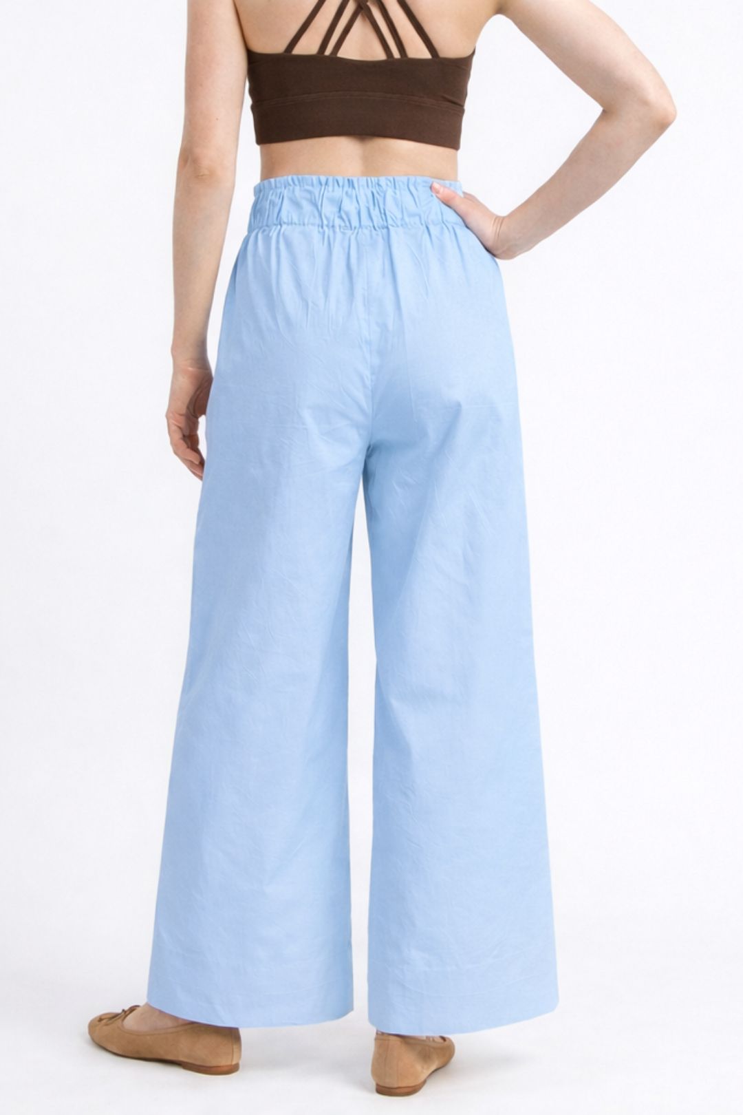 Women Light Sky Blue Cotton Poplin Wide Leg Trouser Elastic Waist Drawstring Pants