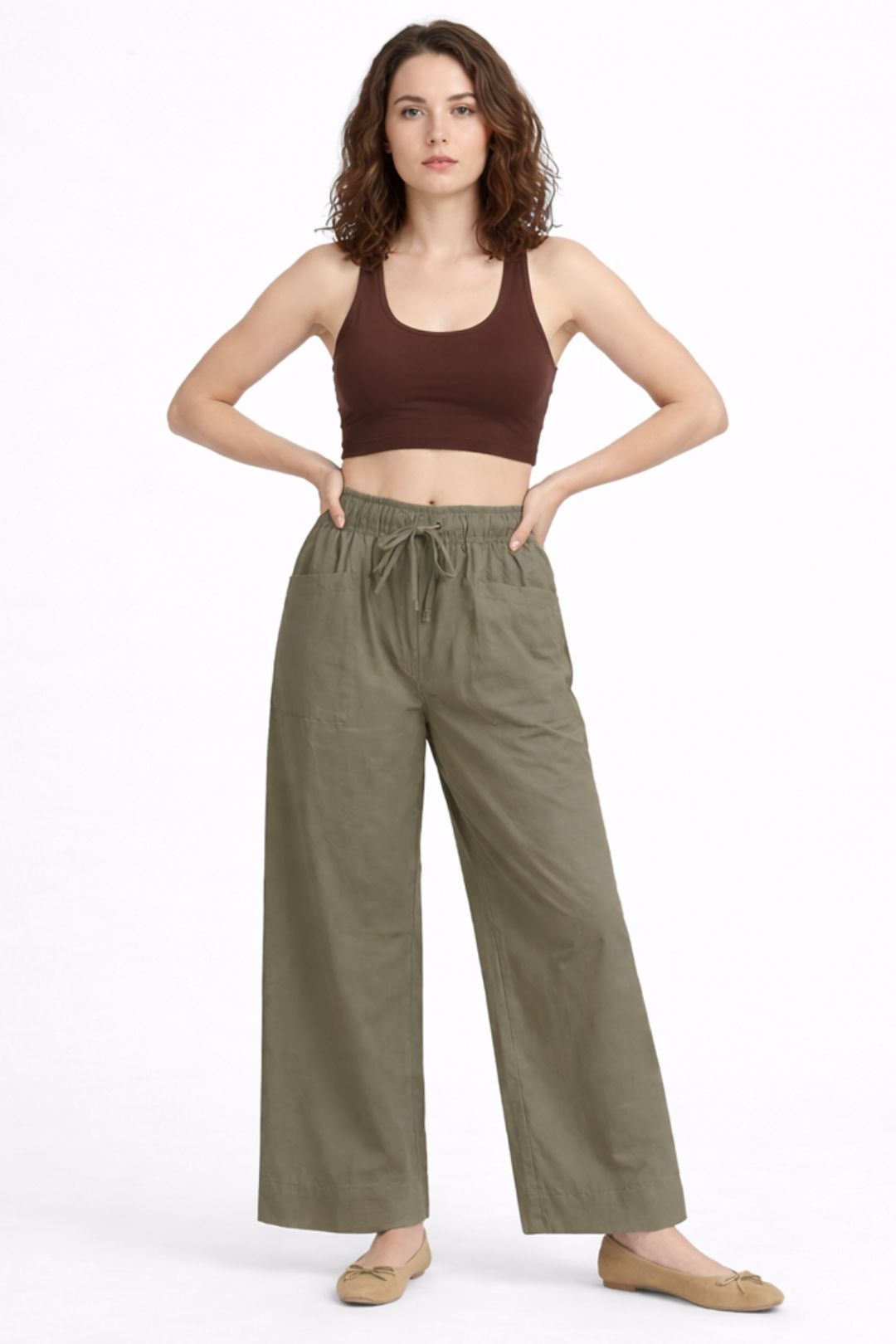 Women Olive Green Cotton Poplin Wide Leg Trouser Elastic Waist Drawstring Pants