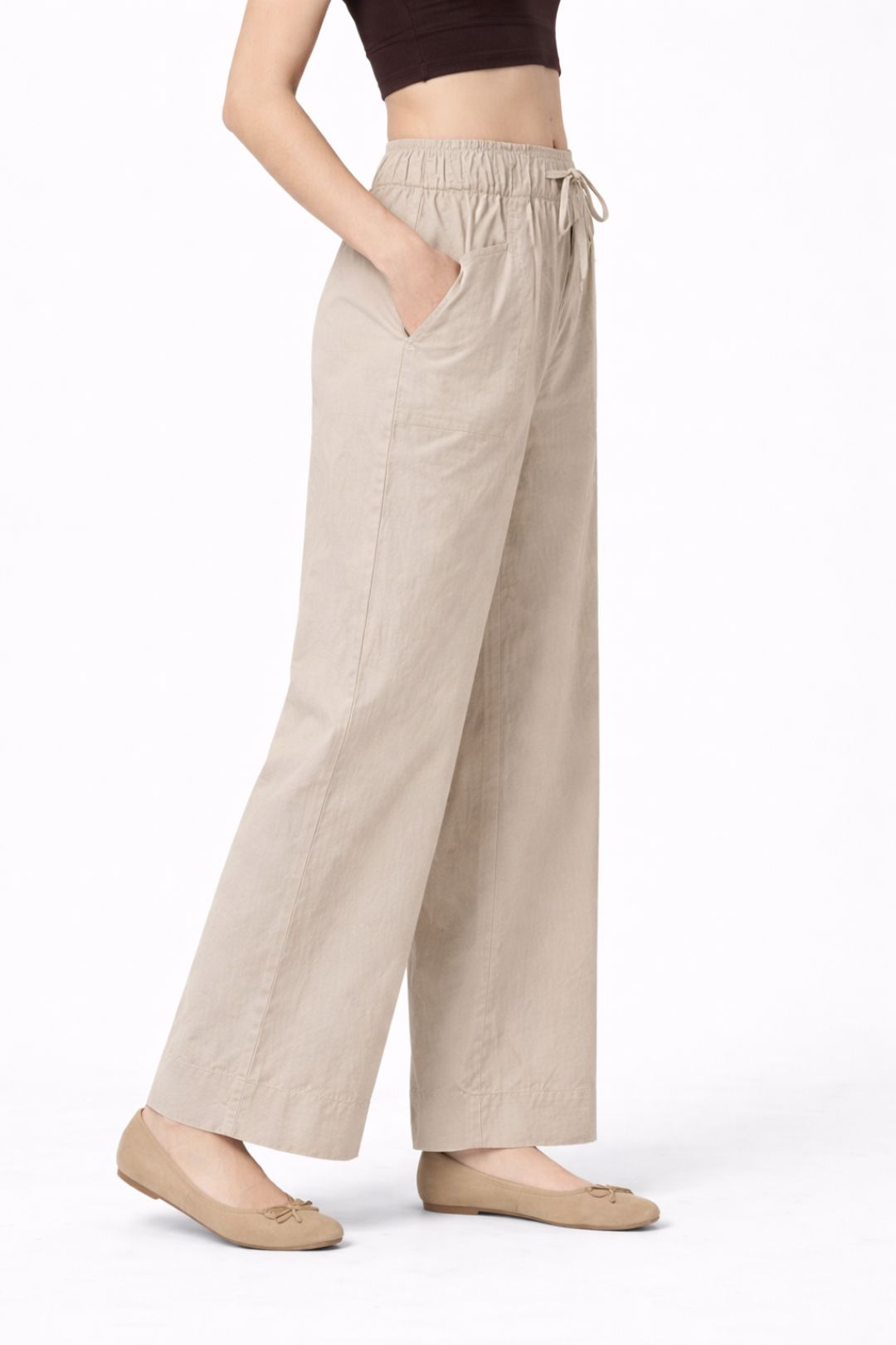Women Light Beige Cotton Poplin Wide Leg Trouser Elastic Waist Drawstring Pants