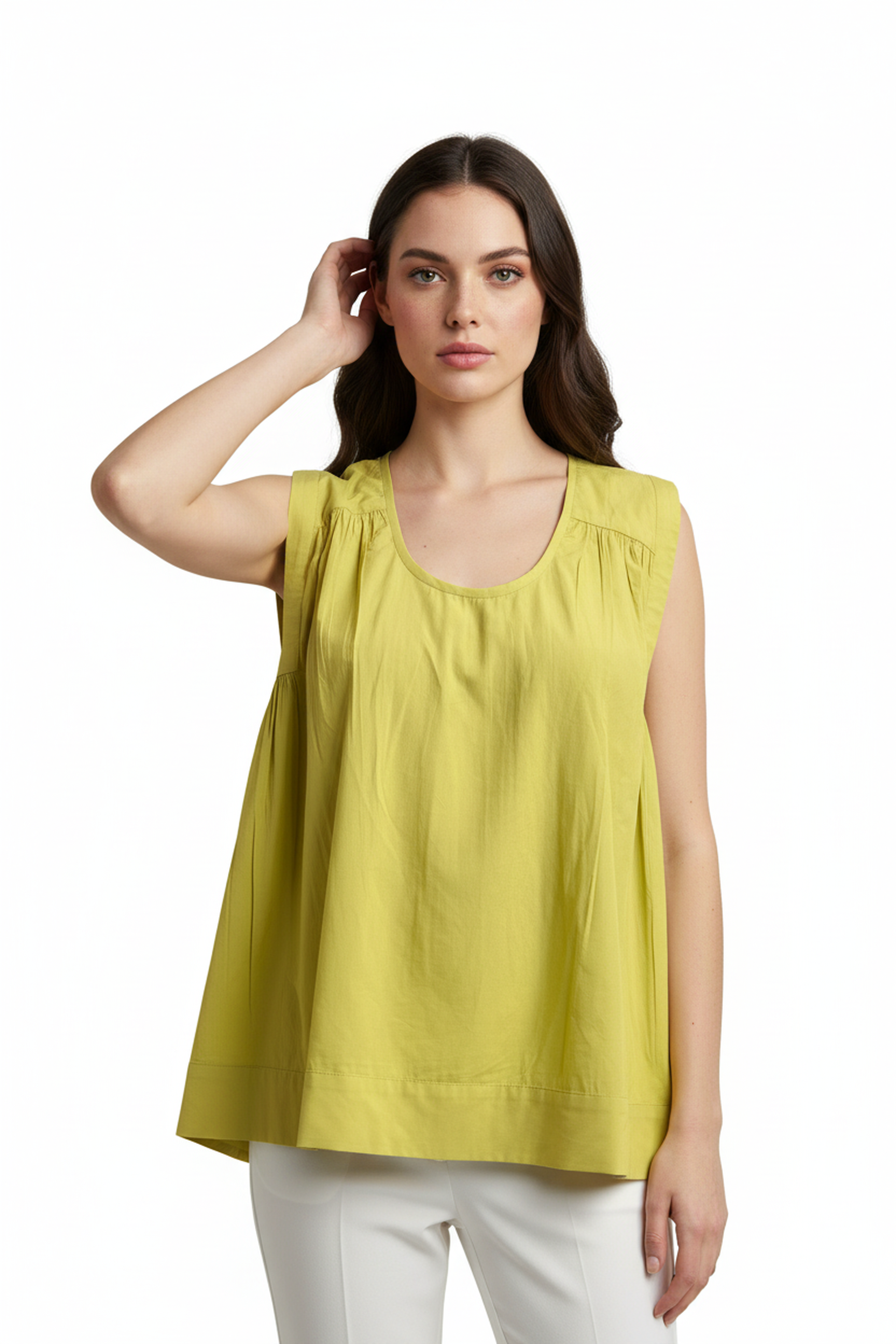 Women’s Lime Yellow Sleeveless Gathered Cotton Top – Round Neck, Flowy A-Line Fit