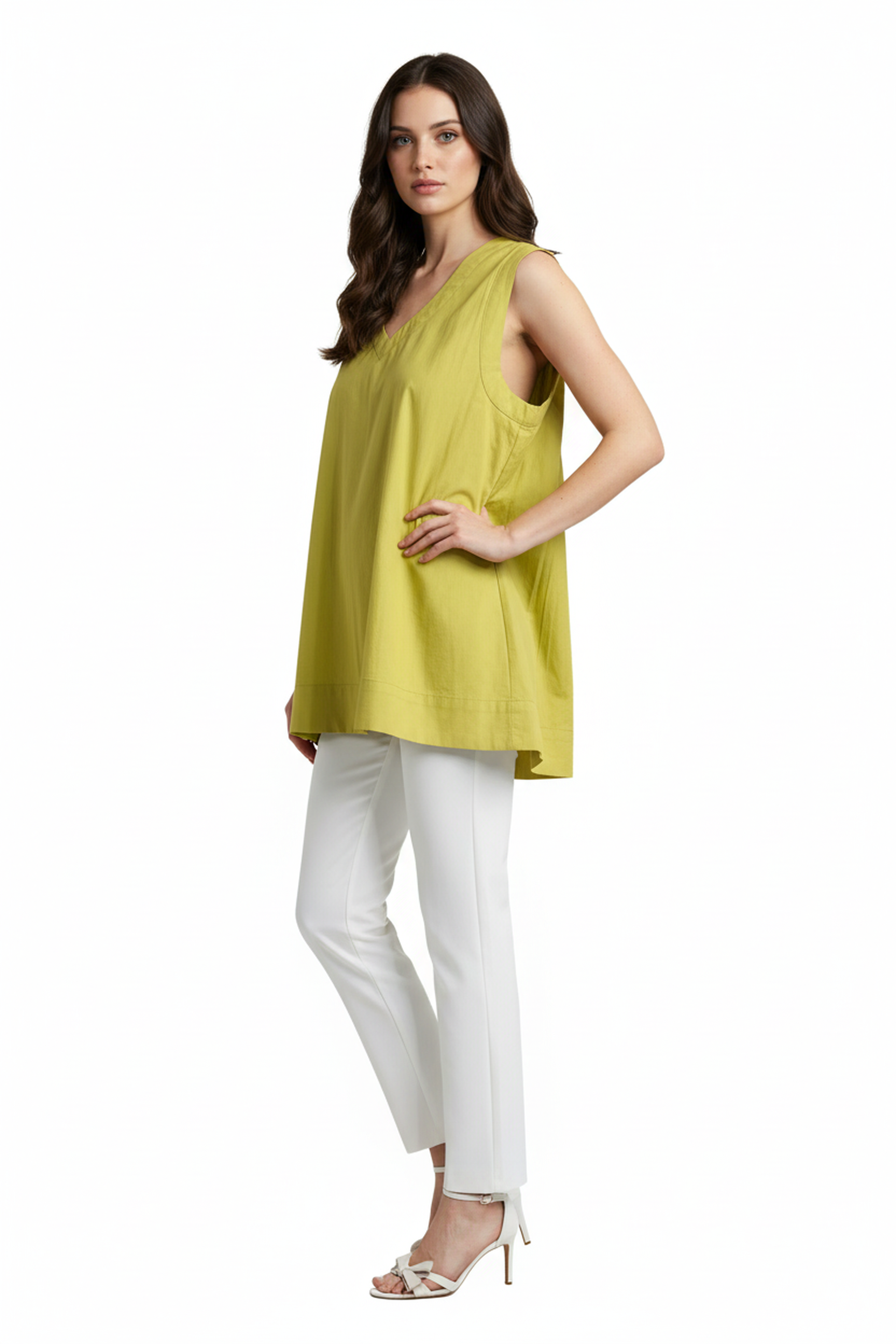 Women’s Lime Yellow Sleeveless Gathered Cotton Top – Round Neck, Flowy A-Line Fit