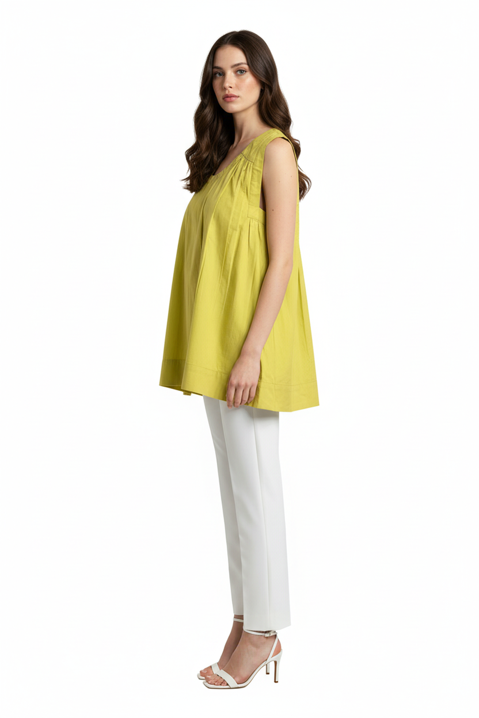 Women’s Lime Yellow Sleeveless Gathered Cotton Top – Round Neck, Flowy A-Line Fit