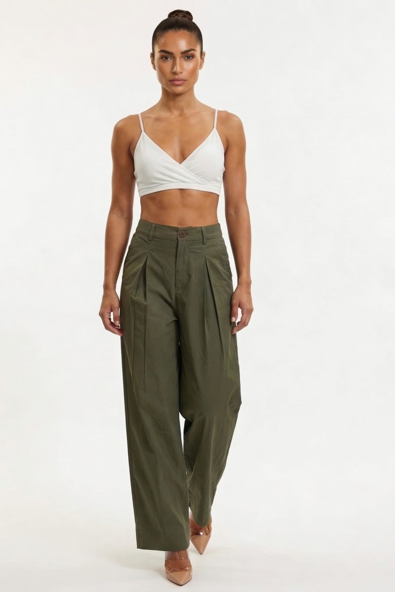 Women Olive Green Cotton Poplin Wide Leg Trouser | High Waist Straight Fit Pants