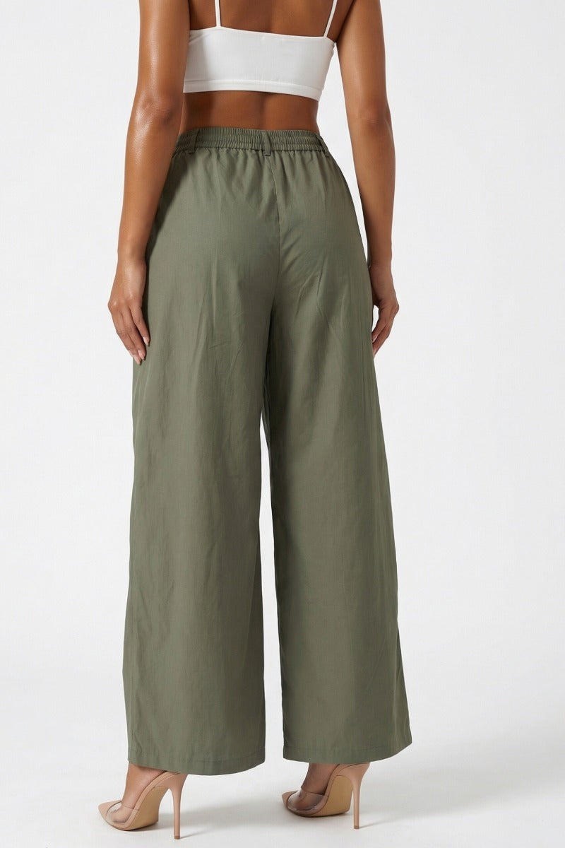Women Olive Green Cotton Poplin Wide Leg Trouser | High Waist Straight Fit Pants